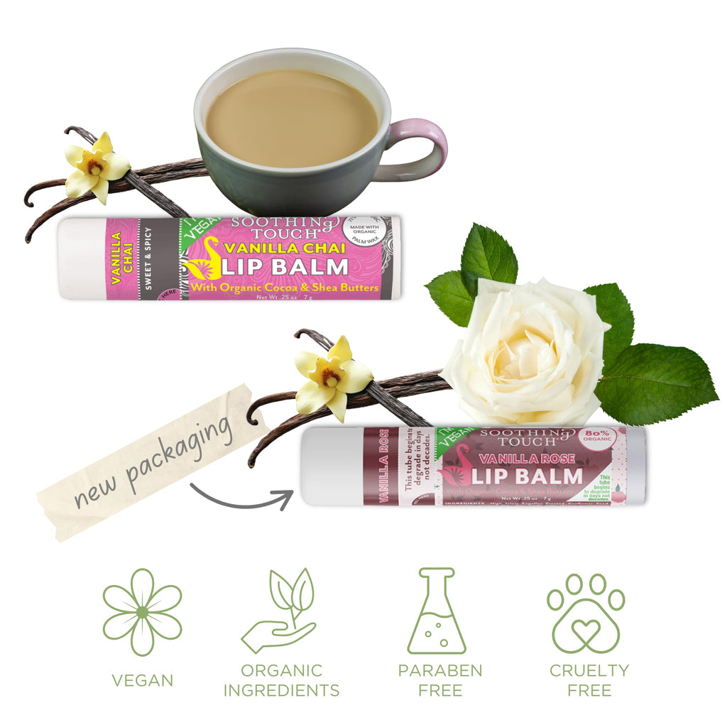 Tiny Seed Vegan Lip Balm Set – 6 Flavors + Muslin Pouch & Keychain
