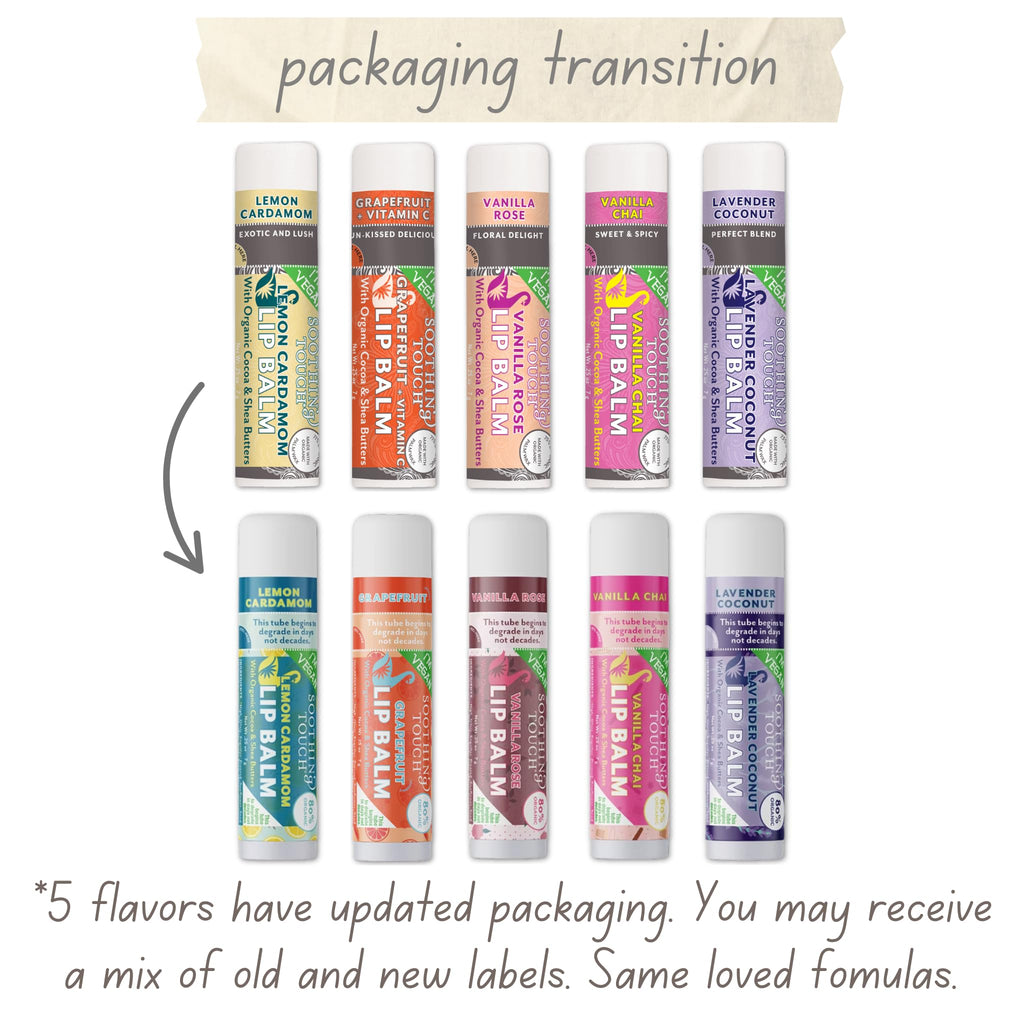 Tiny Seed Vegan Lip Balm Set – 6 Flavors + Muslin Pouch & Keychain