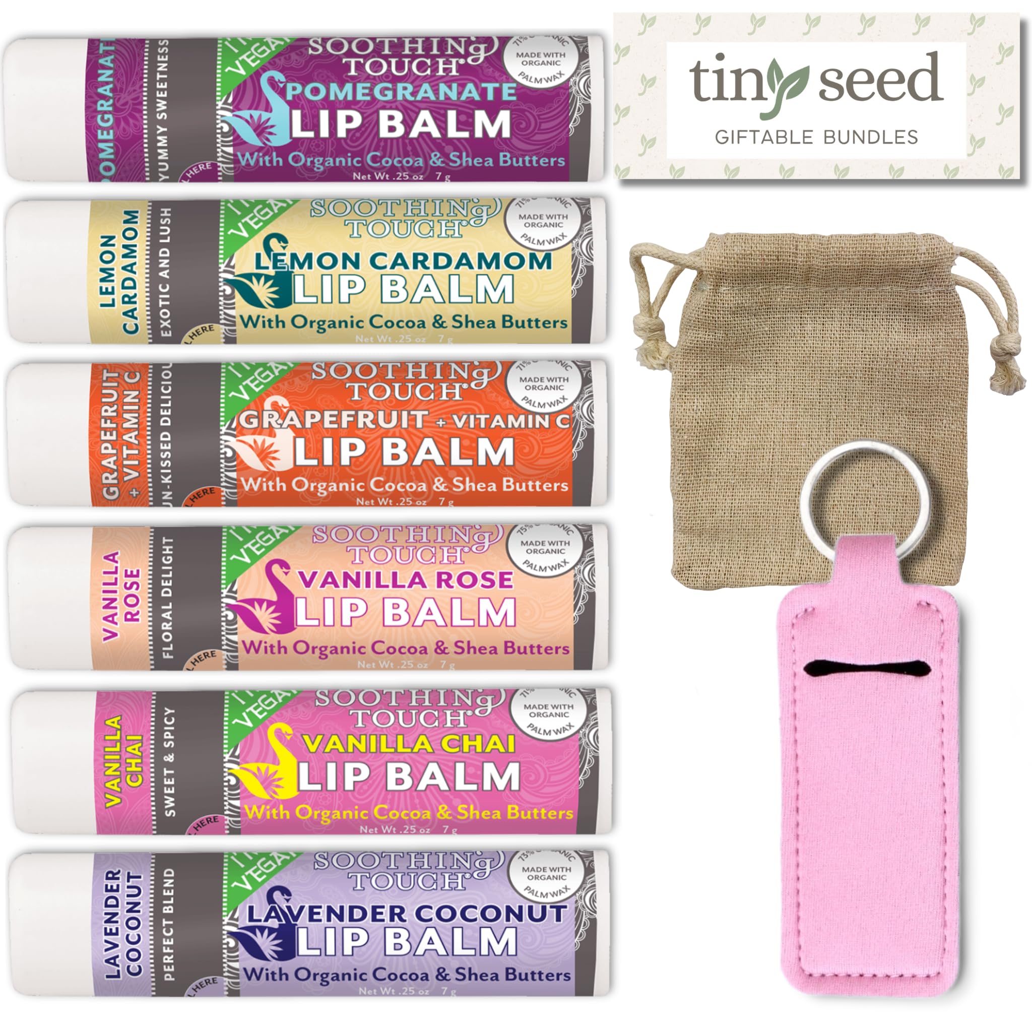 Tiny Seed Vegan Lip Balm Set – 6 Flavors + Muslin Pouch & Keychain