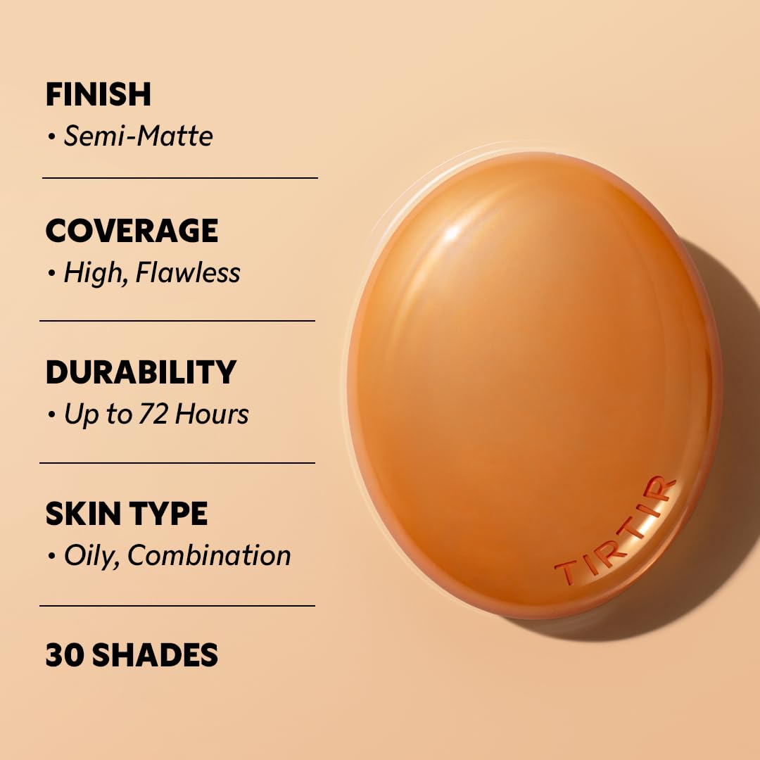 TIRTIR Mask Fit AI Filter Cushion Foundation — Semi-Matte, 72-Hour Coverage (Shade 10C Shell) 0.63 fl oz