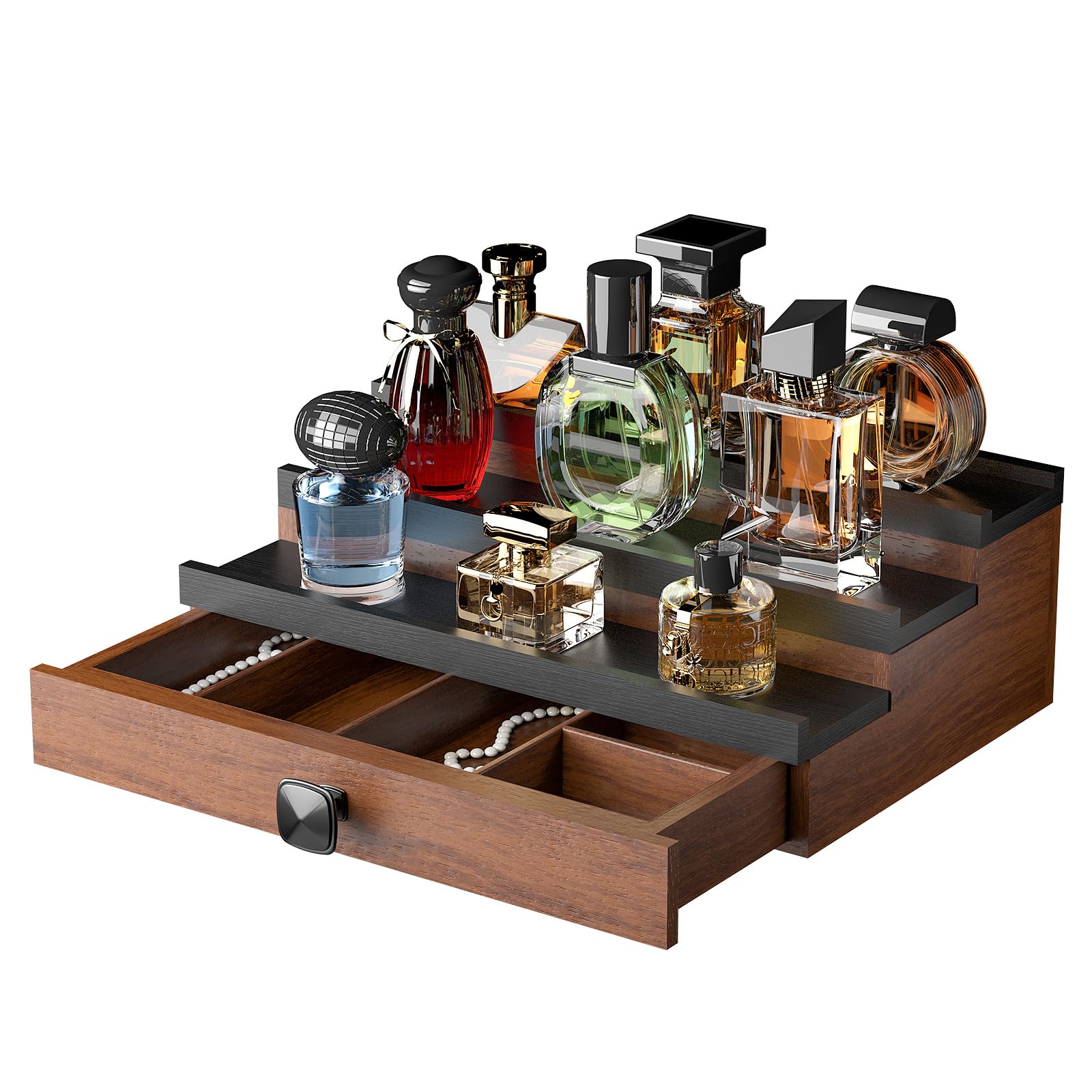 TIRYIUOU Cologne Organizer – 3-Tier Wooden Display with Drawer & Vault