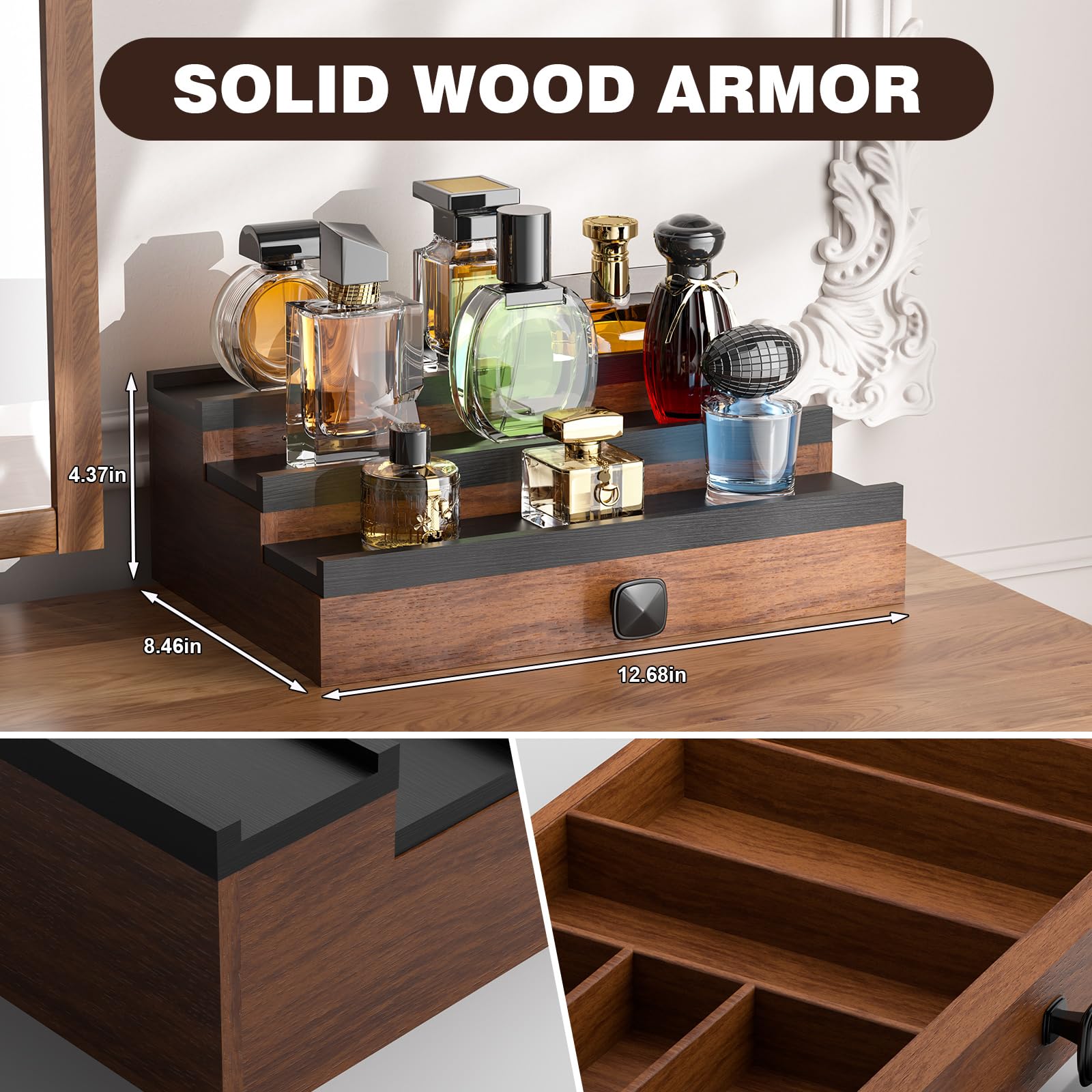 TIRYIUOU Cologne Organizer – 3-Tier Wooden Display with Drawer & Vault
