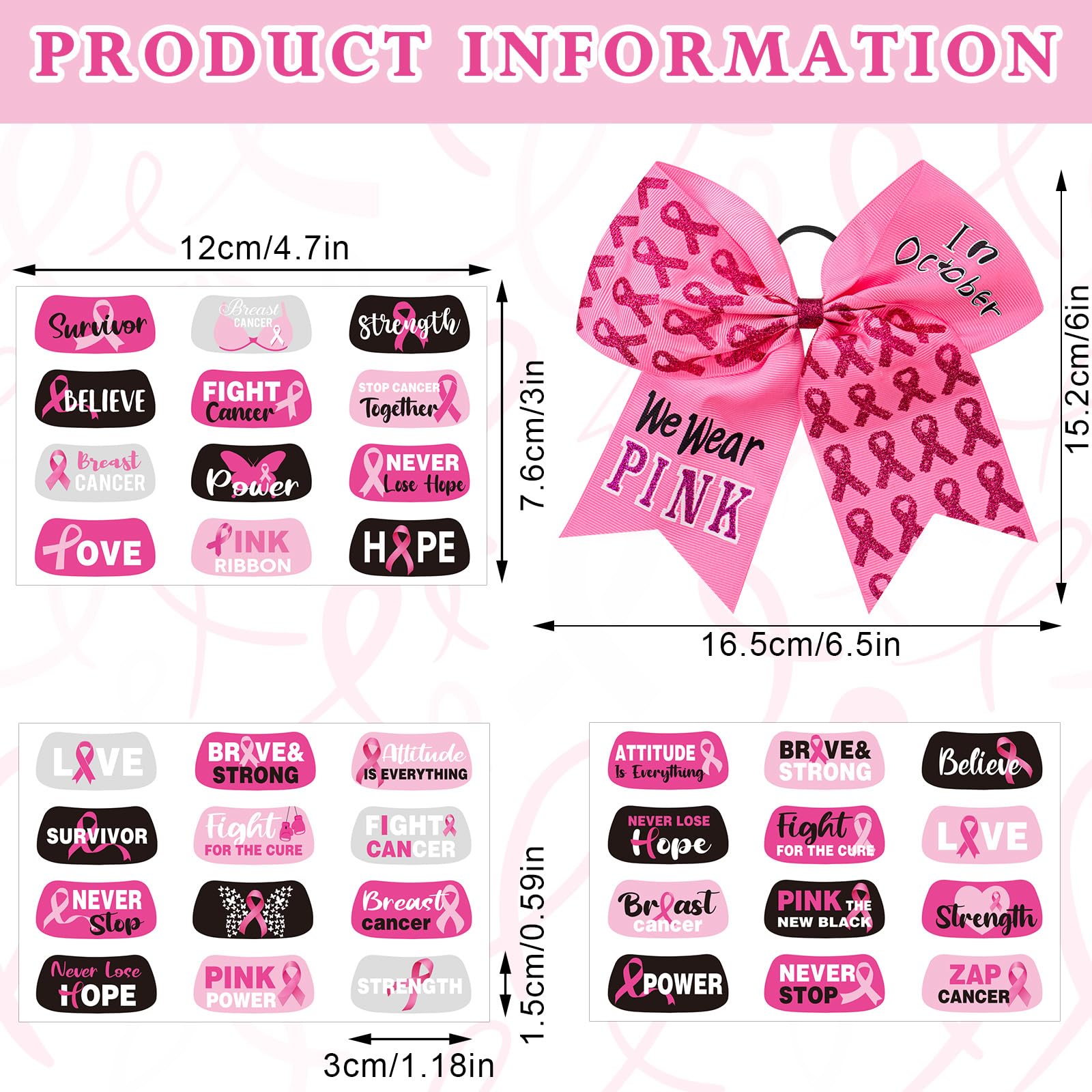Tisancy 16 Pcs 8-inch Large Cheer Hair Bow + 15 Sheets Breast Cancer Awareness Temporary Tattoos – Fundraising & Team Gear