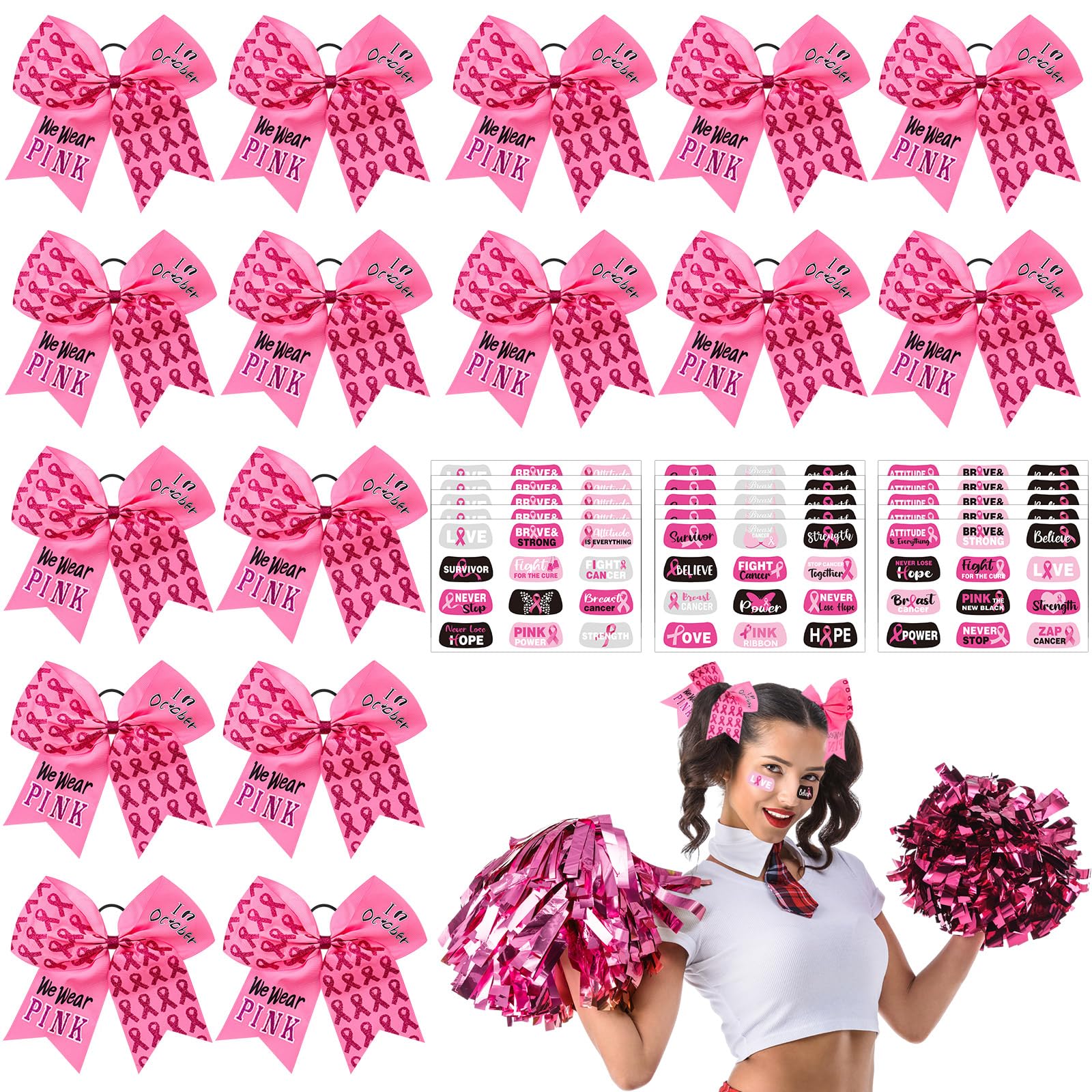 Tisancy 16 Pcs 8-inch Large Cheer Hair Bow + 15 Sheets Breast Cancer Awareness Temporary Tattoos – Fundraising & Team Gear
