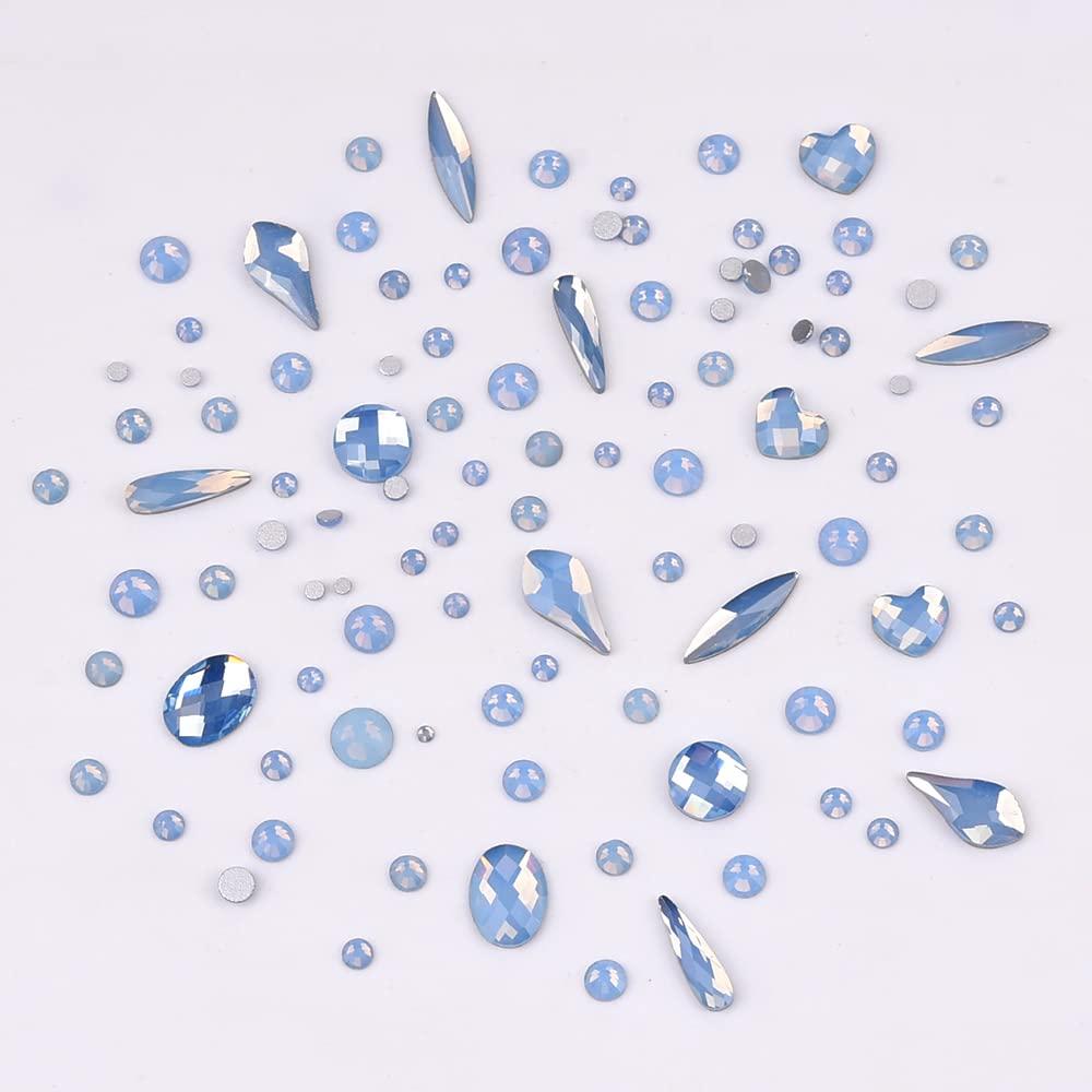 Tisslan Blue Opal Nail Rhinestones – 60pcs 6 Shapes + 480 Round Gems (540 total) for Nail Art
