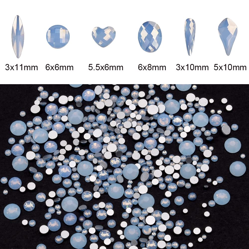 Tisslan Blue Opal Nail Rhinestones – 60pcs 6 Shapes + 480 Round Gems (540 total) for Nail Art