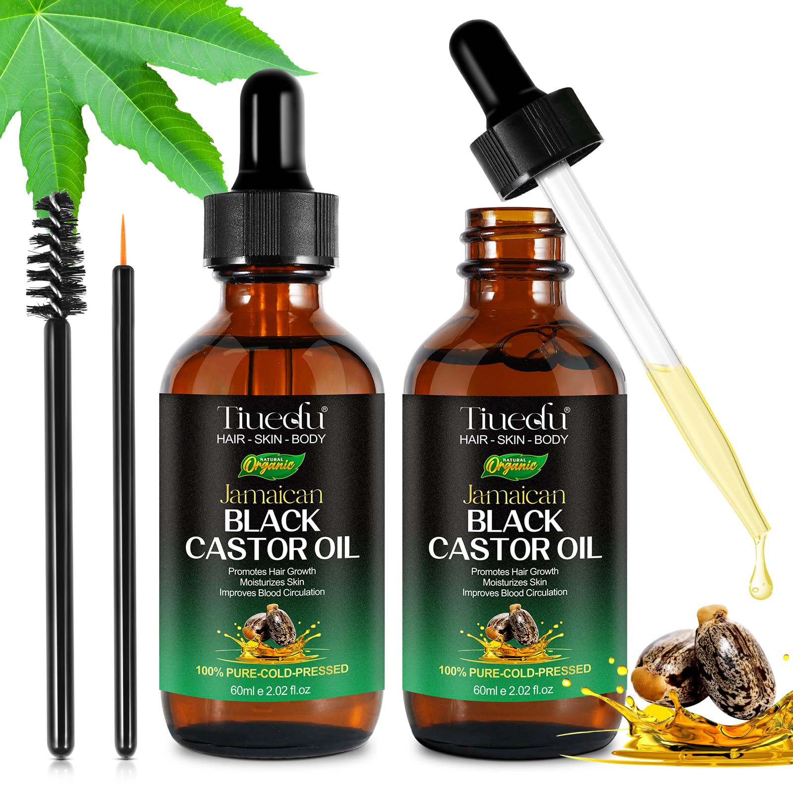 Tiuedu Jamaican Black Castor Oil 2-Pack – 100% Pure Cold-Pressed for Hair Growth, Eyelashes & Skin