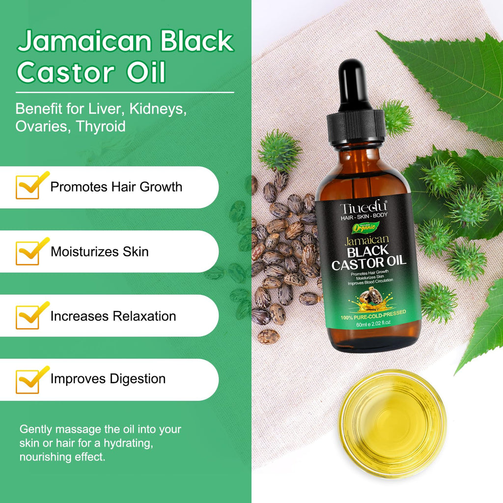 Tiuedu Jamaican Black Castor Oil 2-Pack – 100% Pure Cold-Pressed for Hair Growth, Eyelashes & Skin