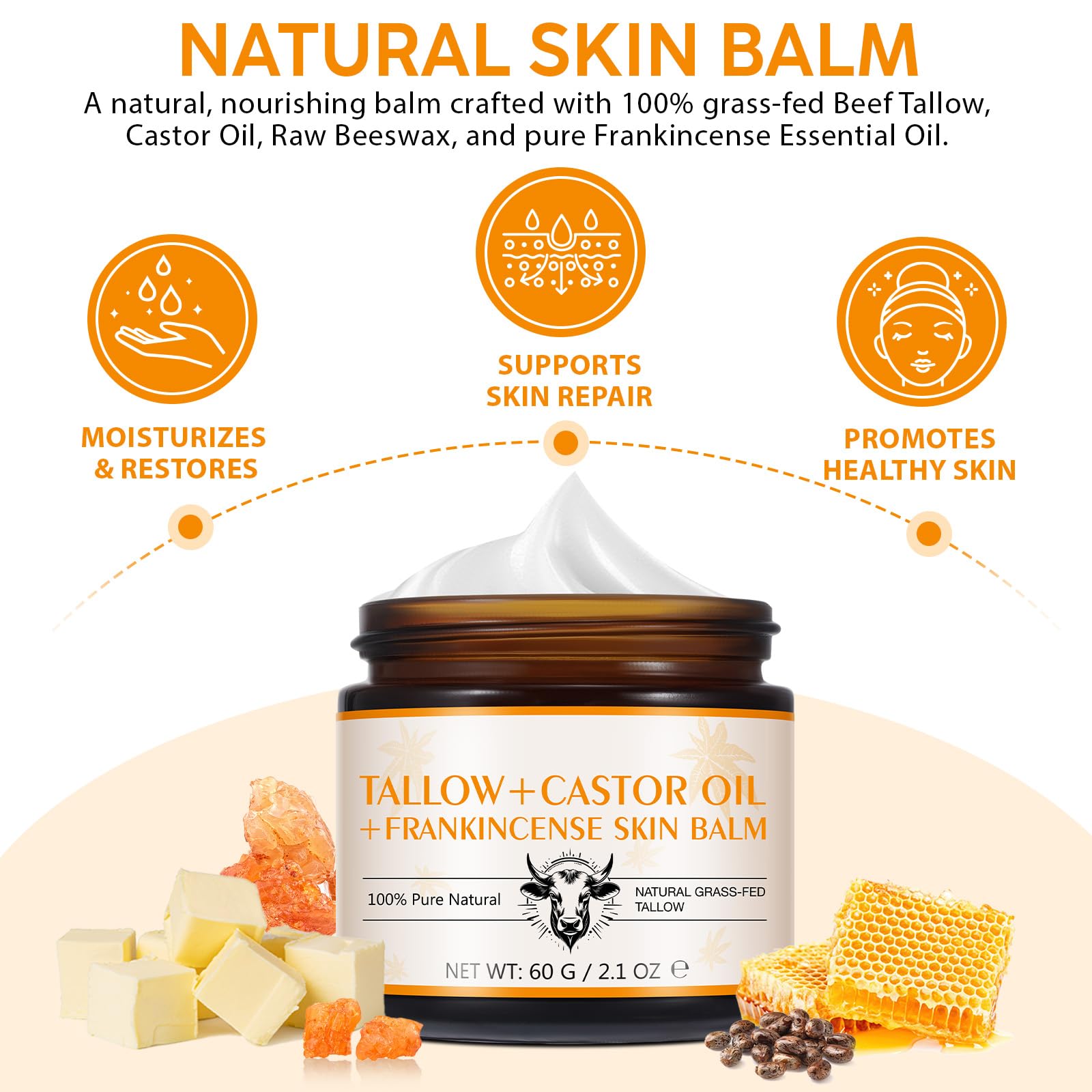 Tiuedu Tallow, Castor Oil & Frankincense Skin Balm – 100% Grass-Fed Tallow Moisturizer for Face & Body