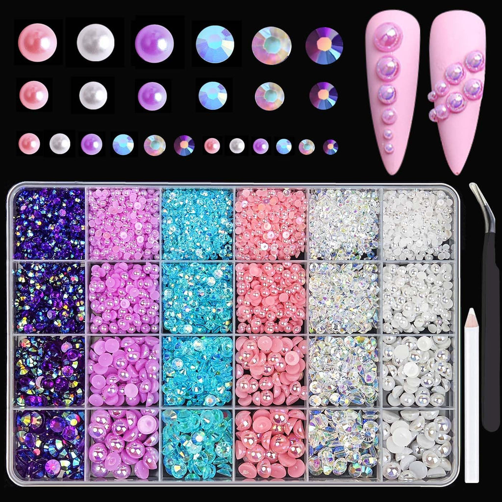 Tiwnefua 24Grid Blue Flatback Rhinestones & Pearls Kit – Mixed 3–8mm Nail Art & Craft Gems