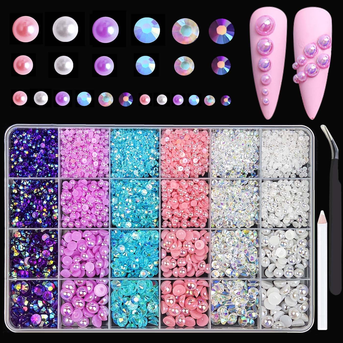 Tiwnefua 24Grid Blue Flatback Rhinestones & Pearls Kit – Mixed 3–8mm Nail Art & Craft Gems