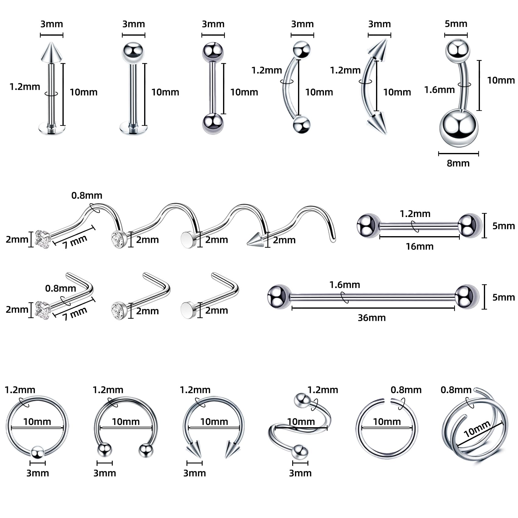 TKKUY 131PCS Piercing Kit - All Body Piercings, 316L Stainless Steel Jewelry
