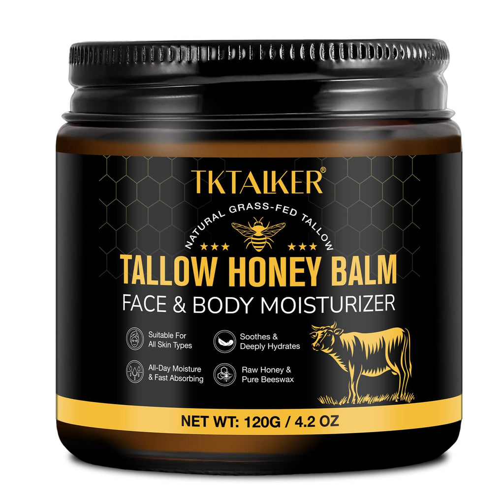 TKTALKER Beef Tallow Balm with Raw Honey & Beeswax — Hydrating Face & Body Moisturizer