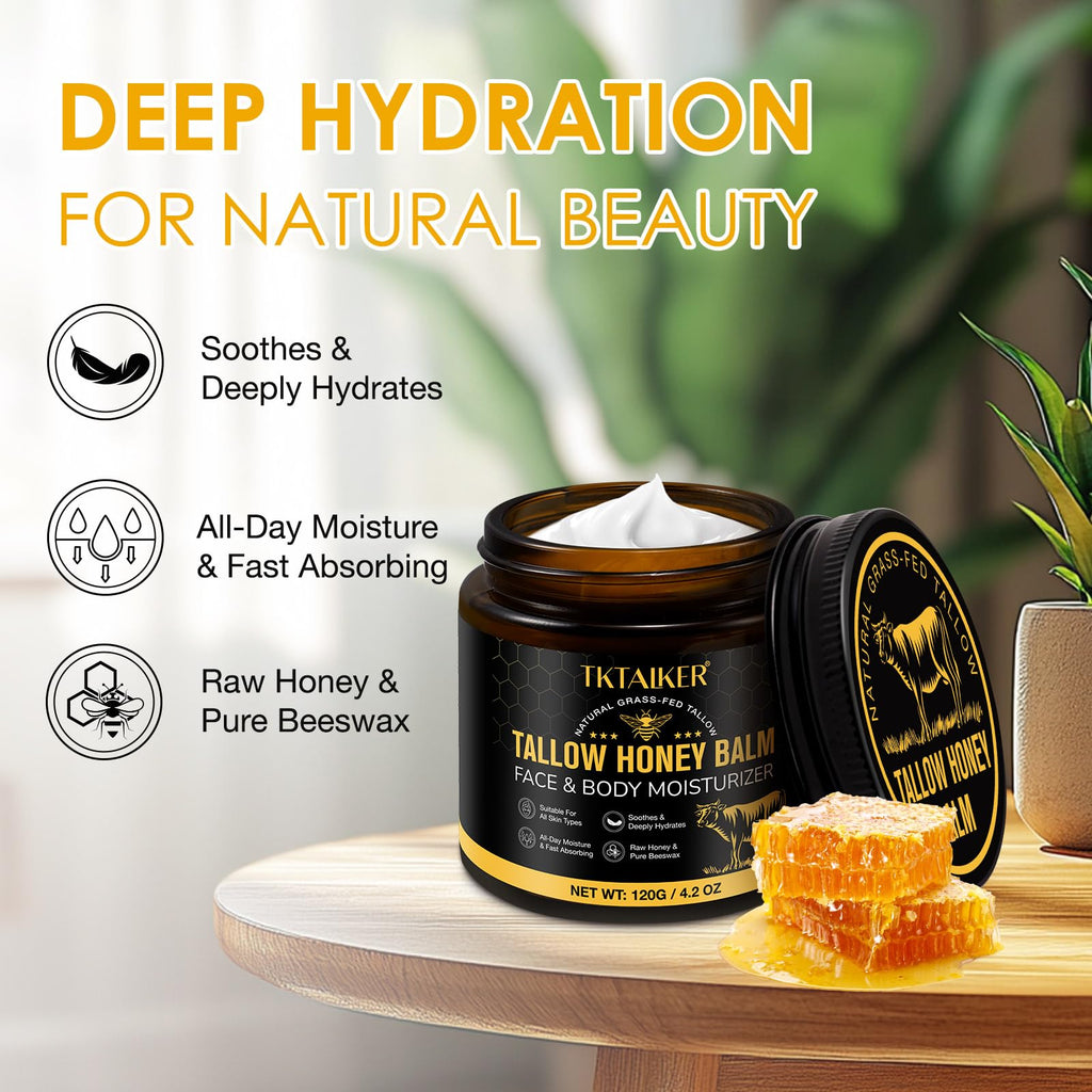 TKTALKER Beef Tallow Balm with Raw Honey & Beeswax — Hydrating Face & Body Moisturizer