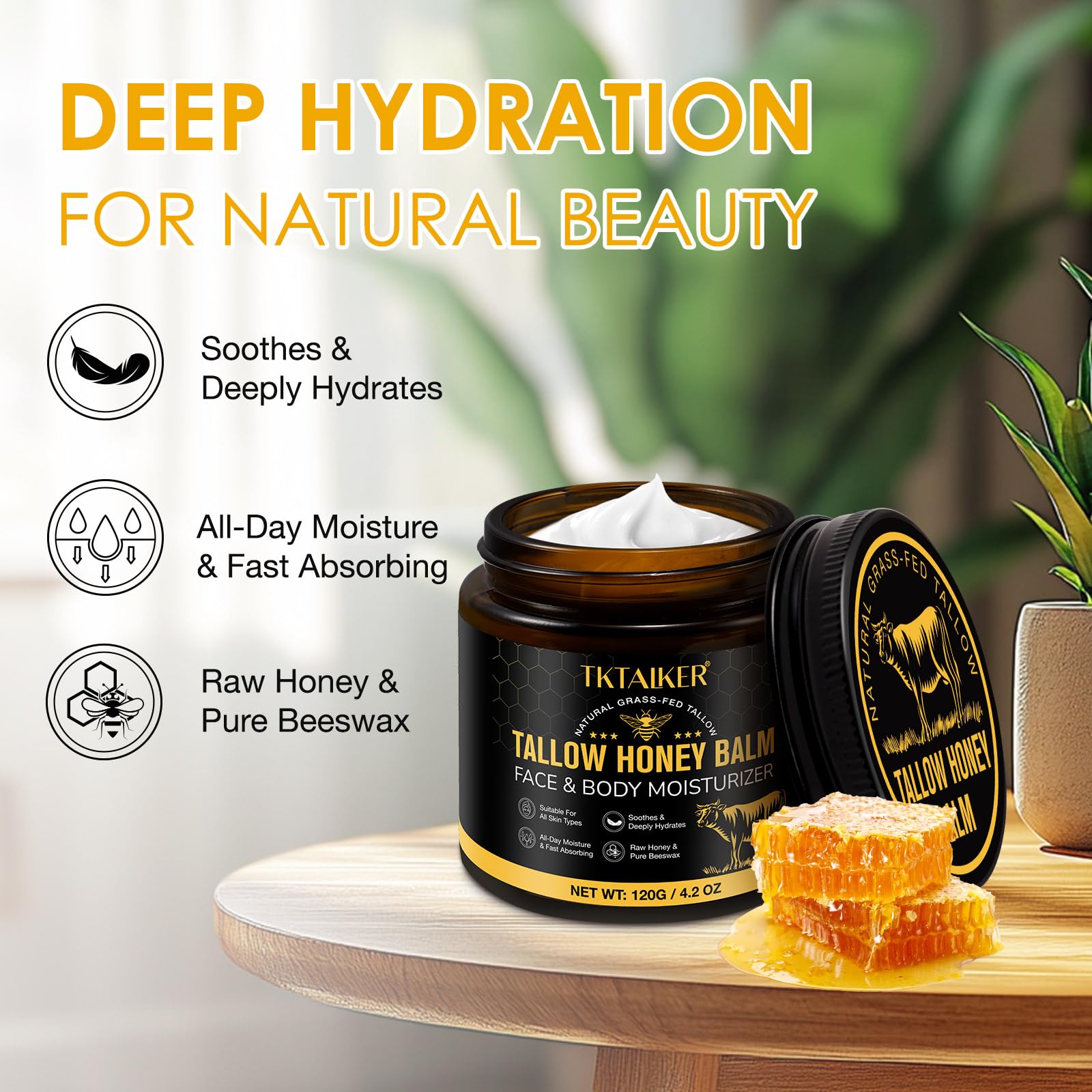TKTALKER Beef Tallow Balm with Raw Honey & Beeswax — Hydrating Face & Body Moisturizer