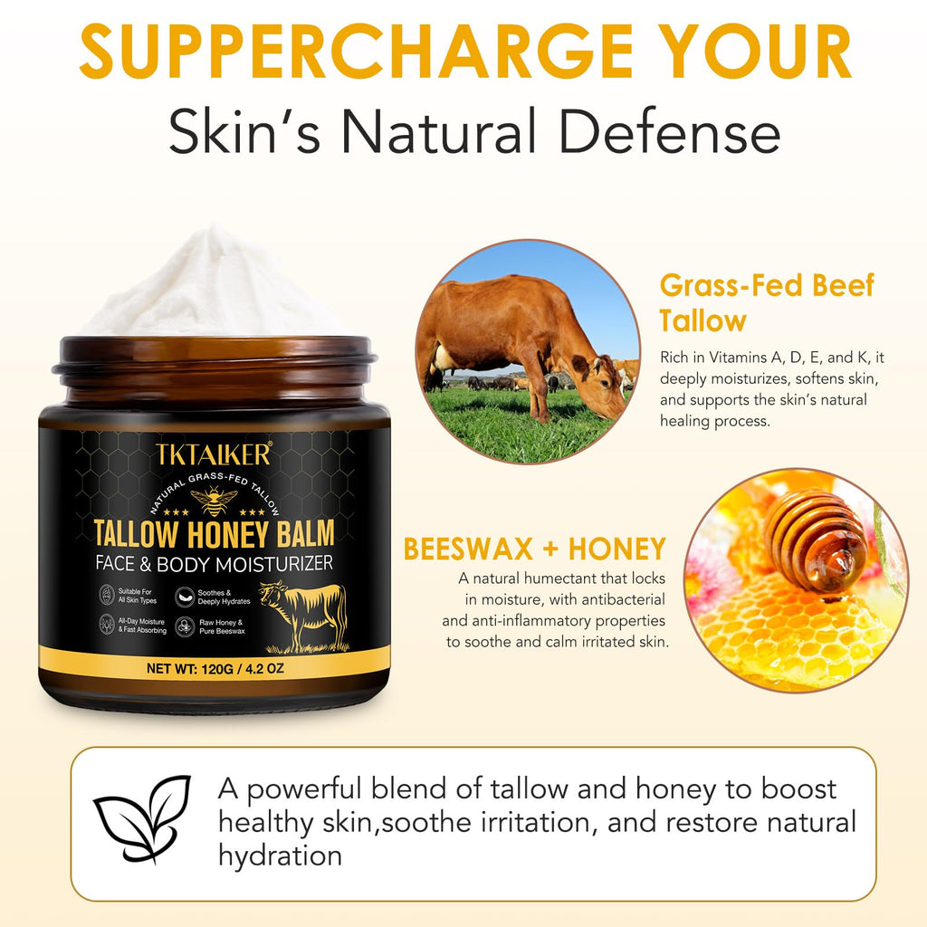 TKTALKER Beef Tallow Balm with Raw Honey & Beeswax — Hydrating Face & Body Moisturizer