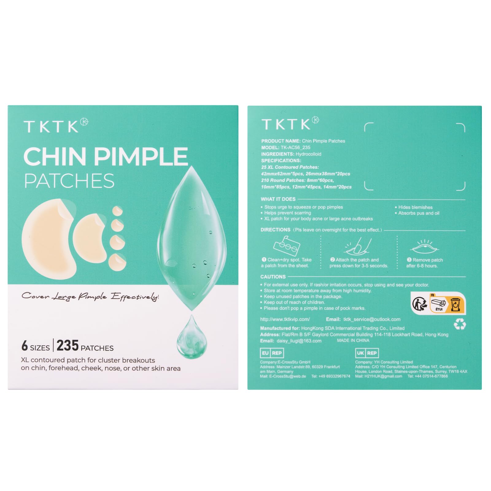 TKTK Chin Pimple Patches — 265 Count, 6 Sizes, XL Contoured 62x42 mm and L 38x26 mm