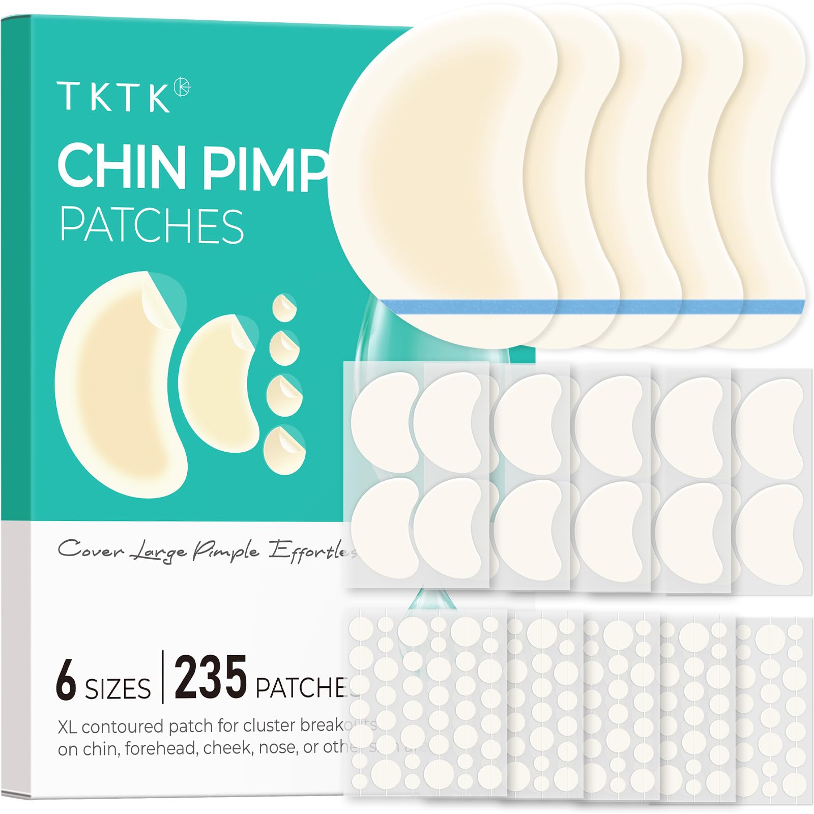 TKTK Chin Pimple Patches — 265 Count, 6 Sizes, XL Contoured 62x42 mm and L 38x26 mm