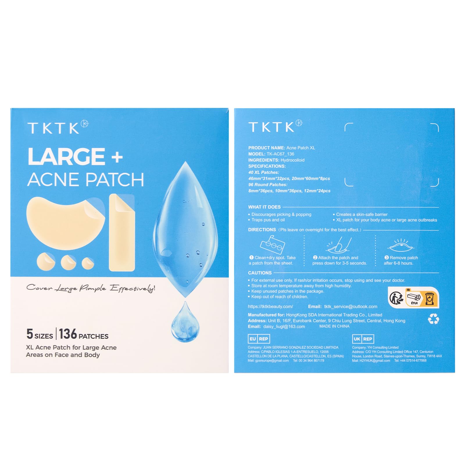 TKTK Large Hydrocolloid Chin Patches – 136 Count, 5 Sizes, Contoured Acne Patches