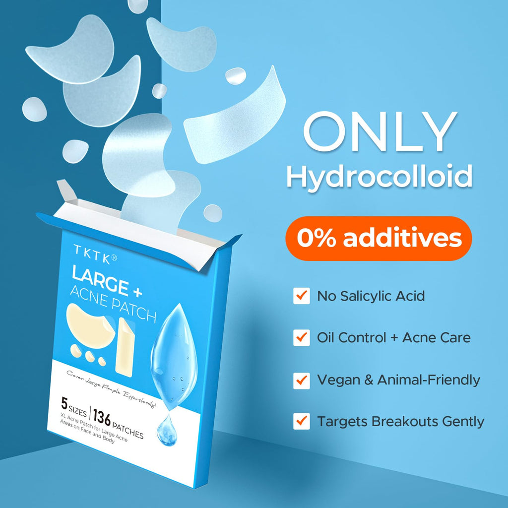 TKTK Large Hydrocolloid Chin Patches – 136 Count, 5 Sizes, Contoured Acne Patches