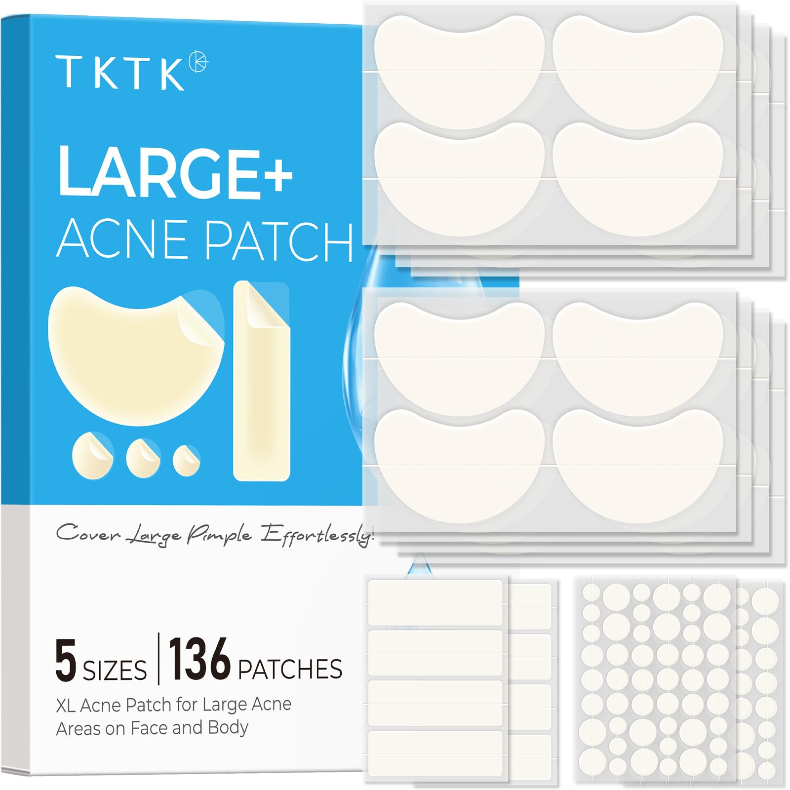 TKTK Large Hydrocolloid Chin Patches – 136 Count, 5 Sizes, Contoured Acne Patches