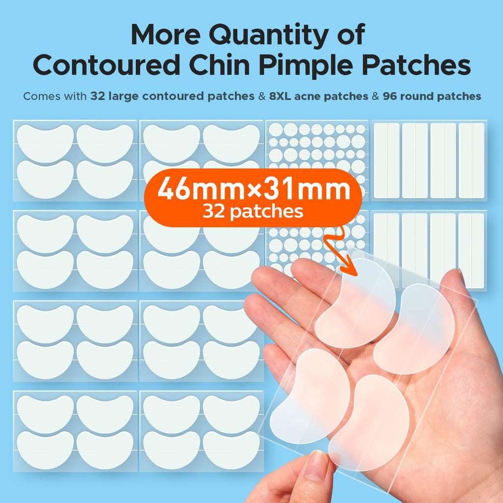 TKTK Large Hydrocolloid Chin Patches – 136 Count, 5 Sizes, Contoured Acne Patches