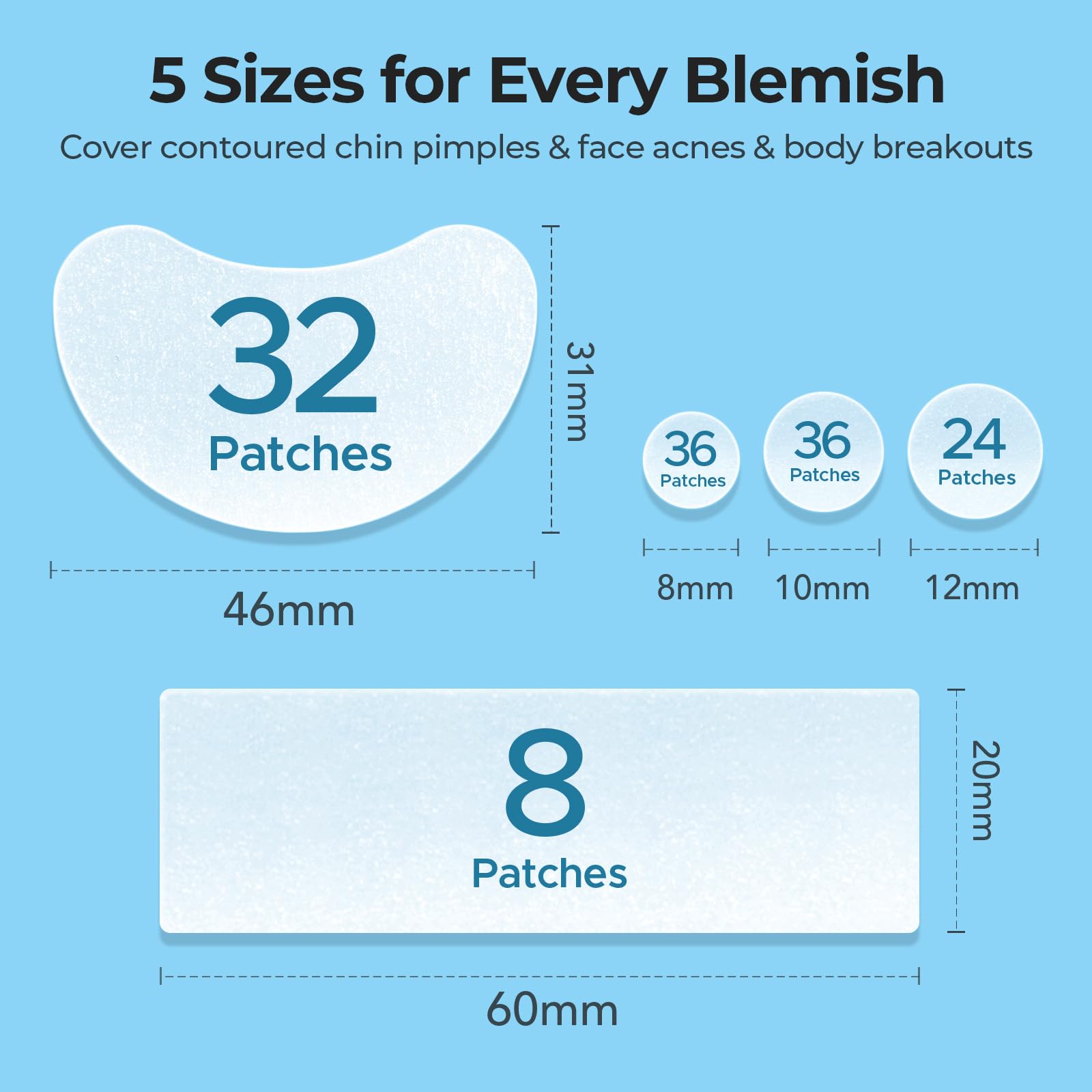 TKTK Large Hydrocolloid Chin Patches – 136 Count, 5 Sizes, Contoured Acne Patches