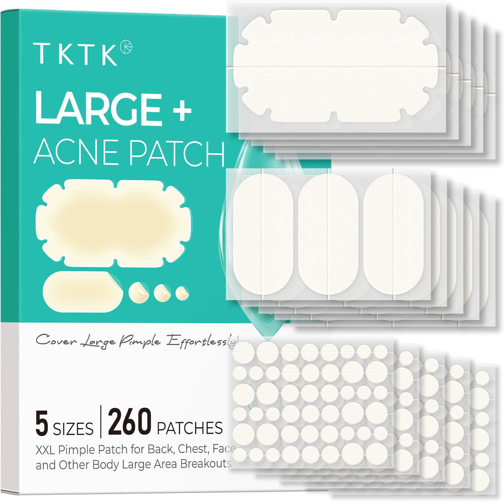 TKTK XXL Body Acne Patches – 5 Sizes, 260 Large Hydrocolloid Patches for Back, Chest & Shoulders