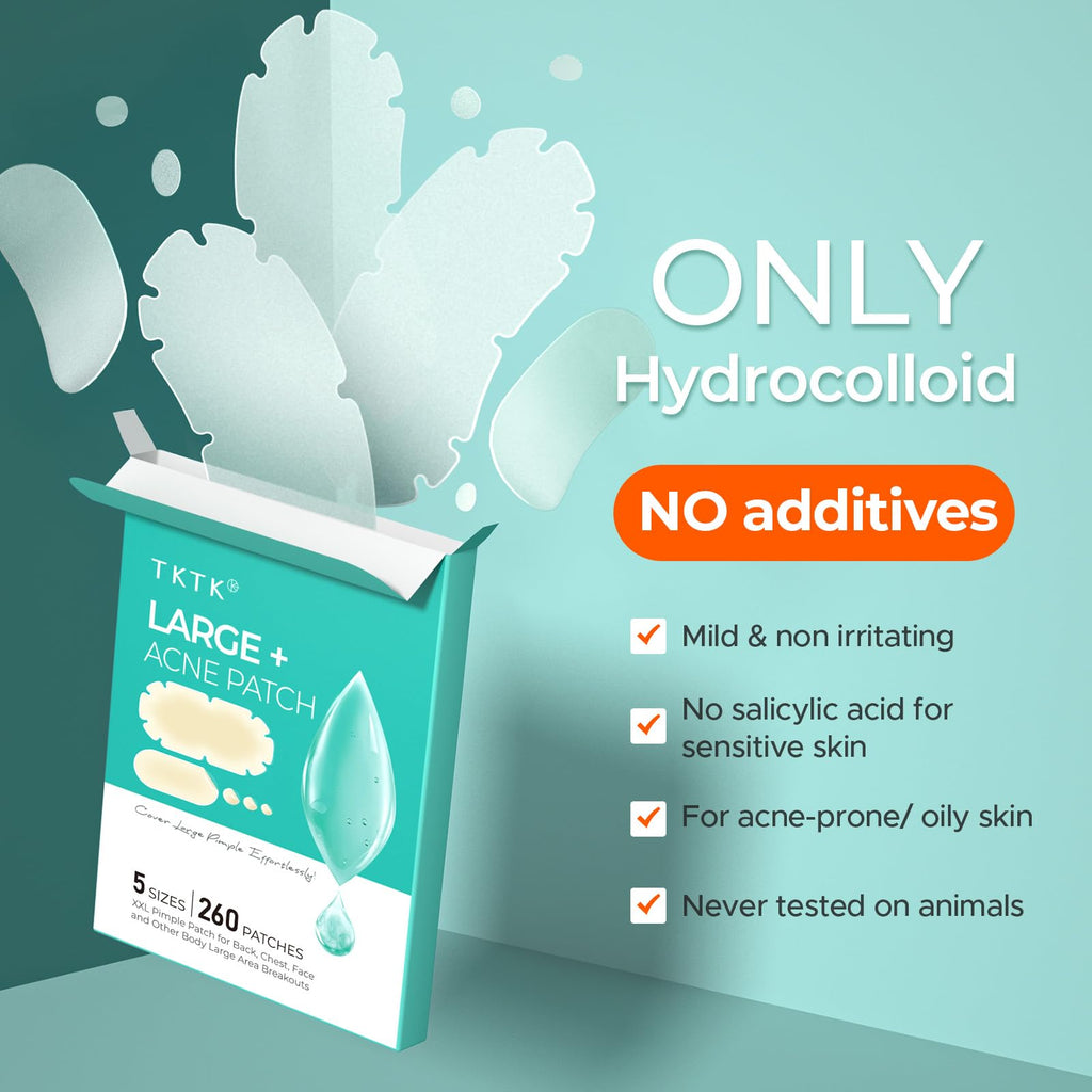 TKTK XXL Body Acne Patches – 5 Sizes, 260 Large Hydrocolloid Patches for Back, Chest & Shoulders