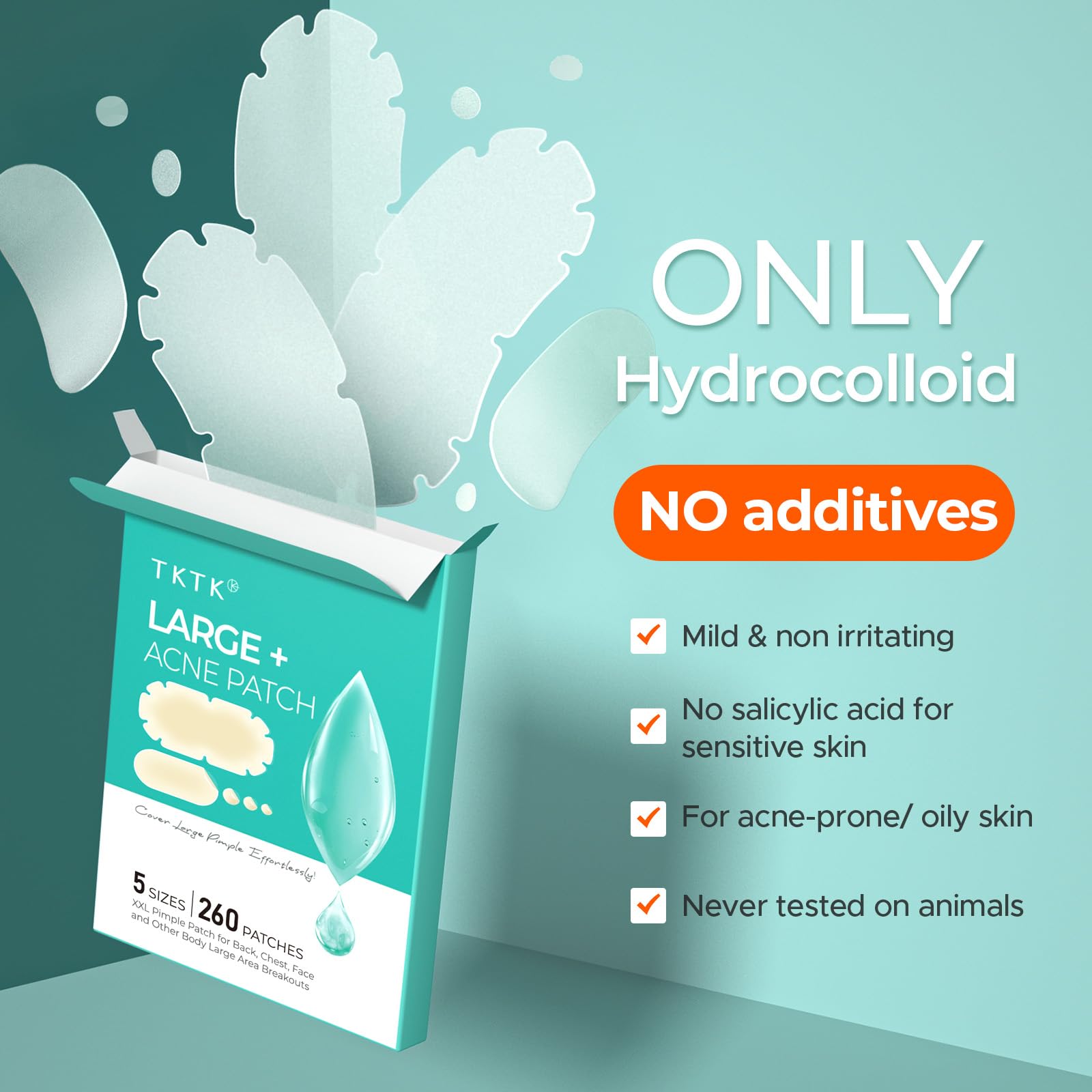 TKTK XXL Body Acne Patches – 5 Sizes, 260 Large Hydrocolloid Patches for Back, Chest & Shoulders