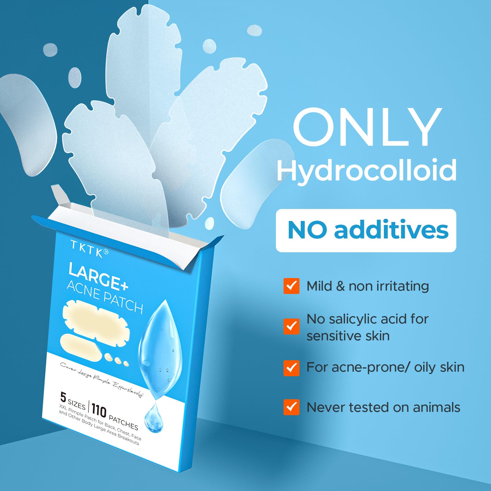 TKTK XXL Body Acne Patches - 5 Sizes, 110 Count | Large Hydrocolloid Patches for Back, Chest & Shoulders