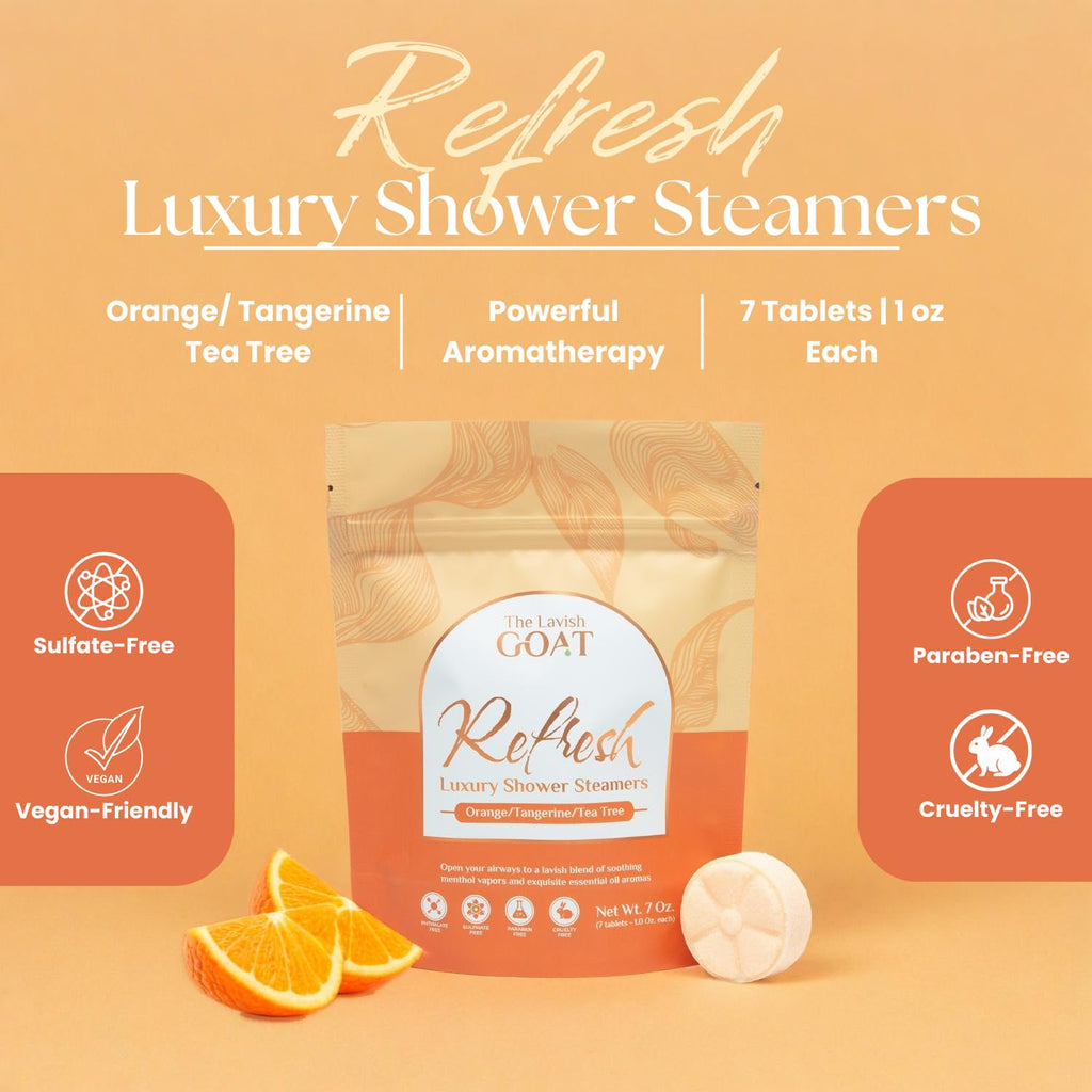 The Lavish Goat TLG Refresh Shower Steamers – USA Made, Orange Tea Tree, Extra Menthol