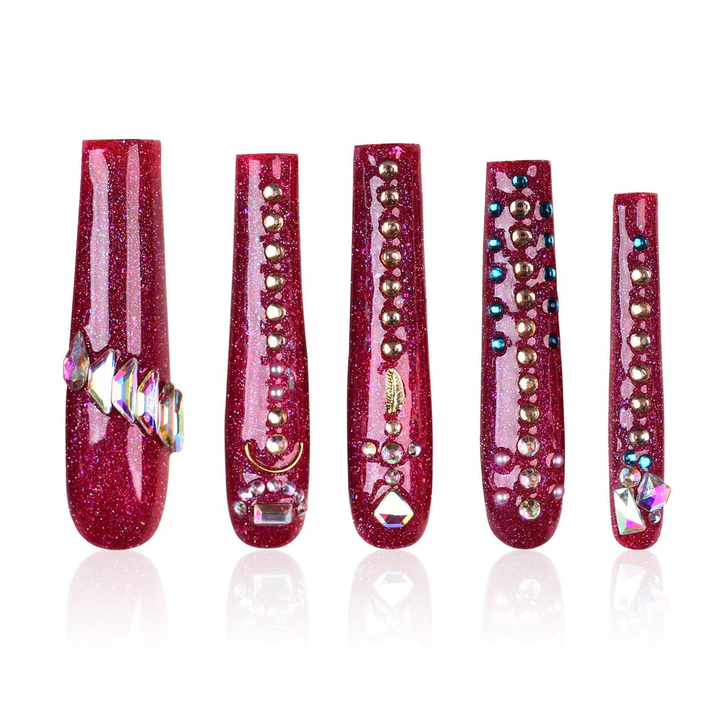 Tmani 10pc Extra Long Handmade Press-On Nails – Square Ballet Nails with Diamond Glitter