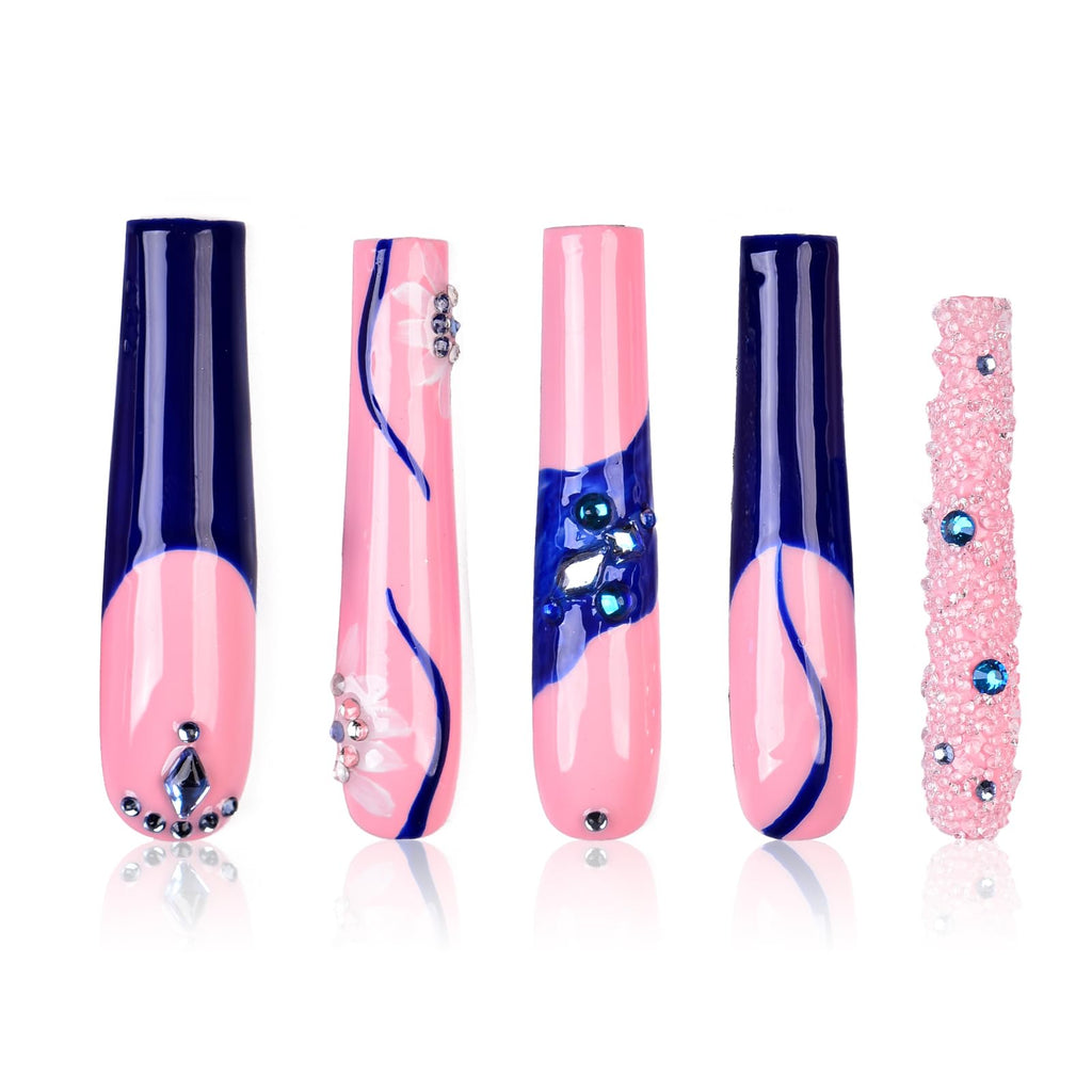 Tmani 10pc Extra-Long Handmade Press-On Nails – Square Glitter Crystal, Purple Case