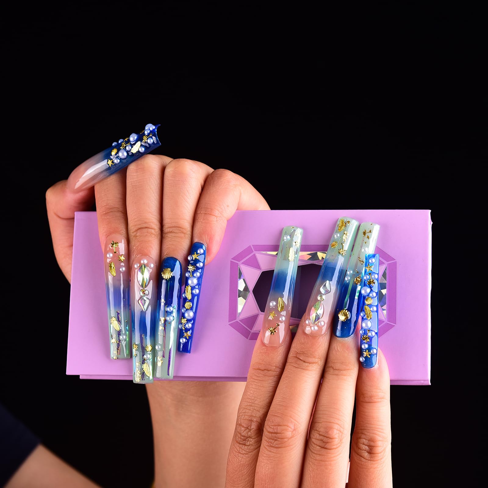 Tmani 10pc Extra Long Handmade Press-On Nails — Square, Diamond Glitter, Purple Case