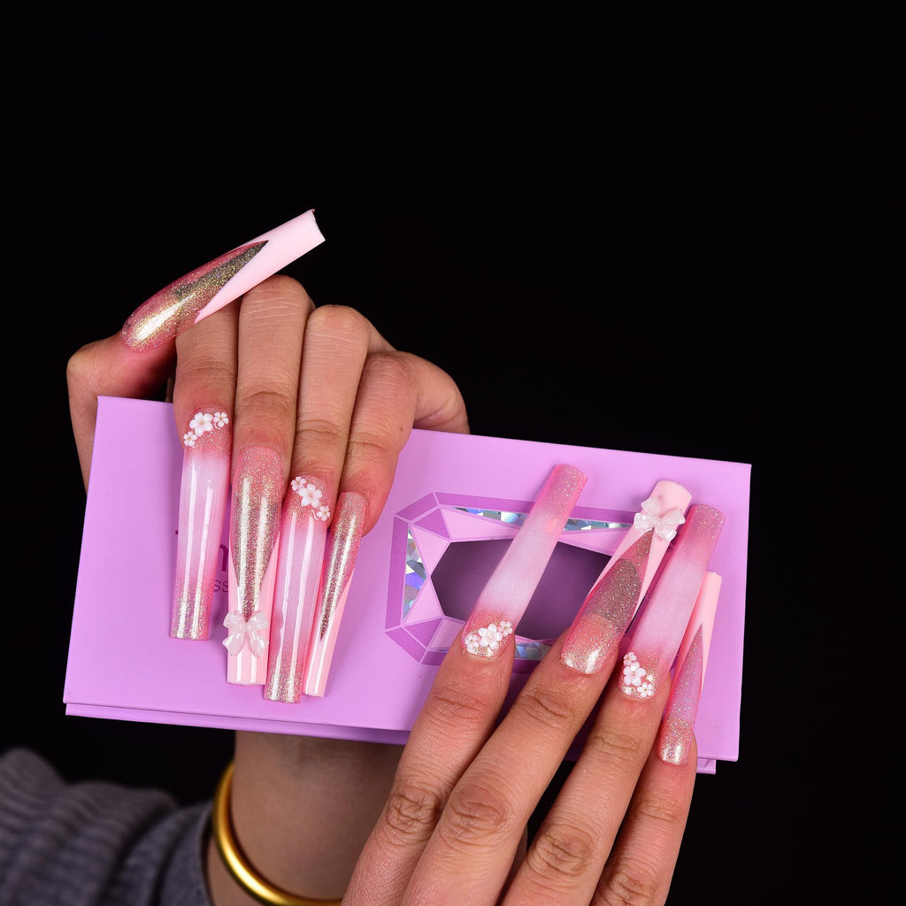 Tmani 10pc Extra Long Handmade Press-On Nails – Ballet Square with Diamond Glitter
