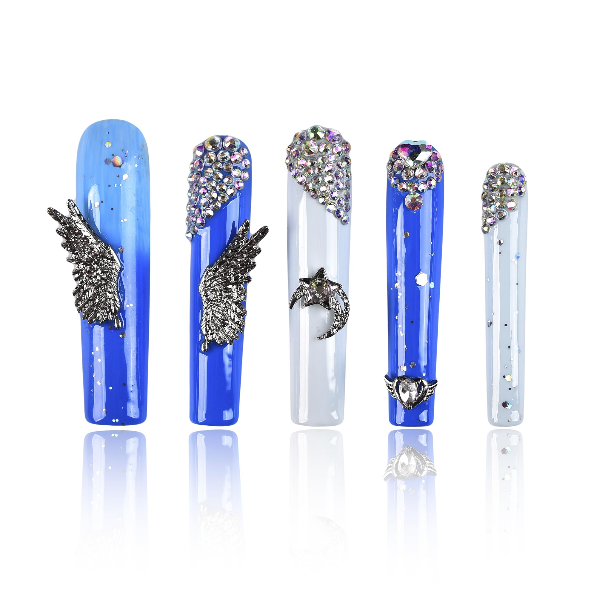 Tmani 10pc Extra Long Handmade Press-On Nails – Square Glitter Diamond Decor