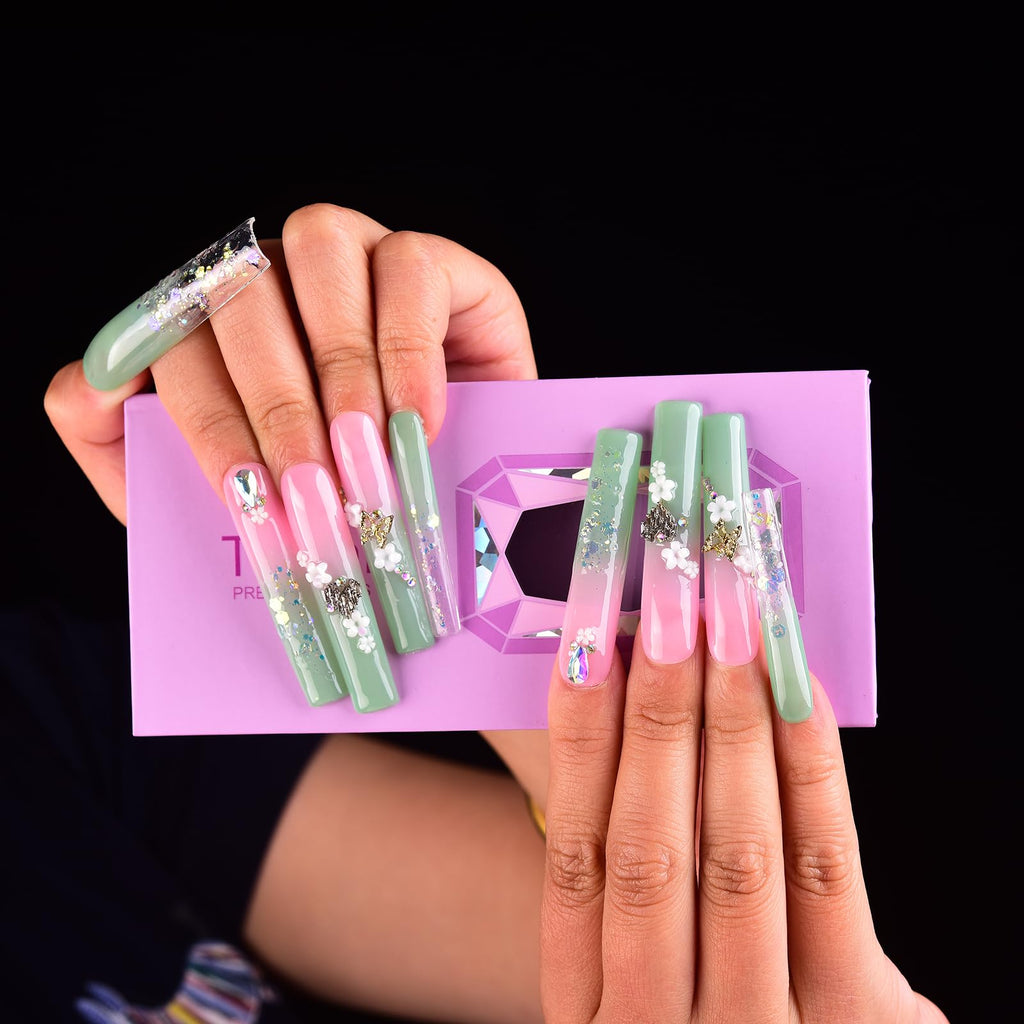 Tmani 10pc Extra Long Handmade Press-On Nails – Diamond Glitter Square Tips