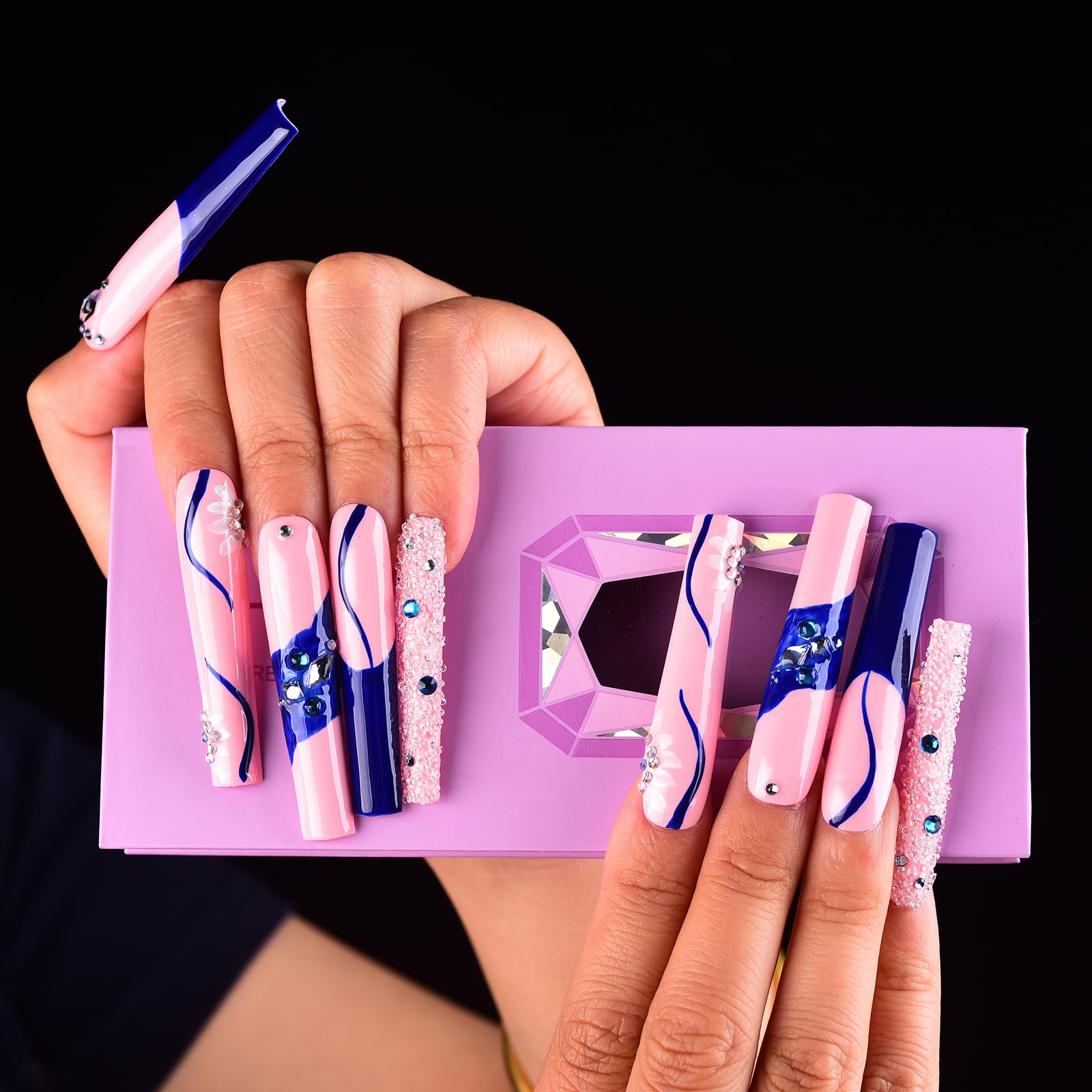 Tmani 10pc Extra-Long Handmade Press-On Nails – Square Glitter Crystal, Purple Case