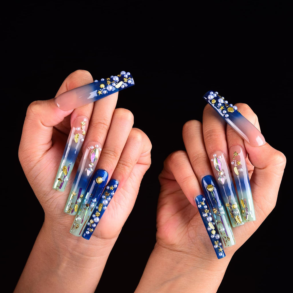 Tmani 10pc Extra Long Handmade Press-On Nails — Square, Diamond Glitter, Purple Case