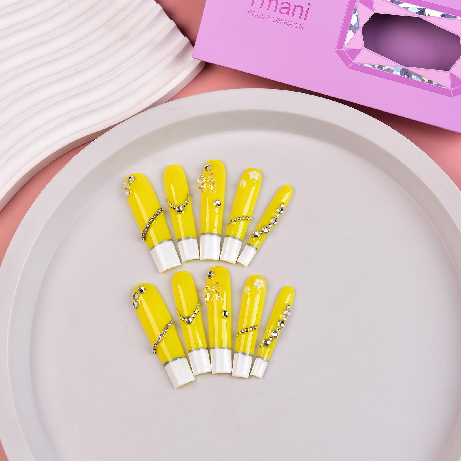 TMANI 10pc Extra Long Handmade Press-On Nails – Diamond Glitter Kit