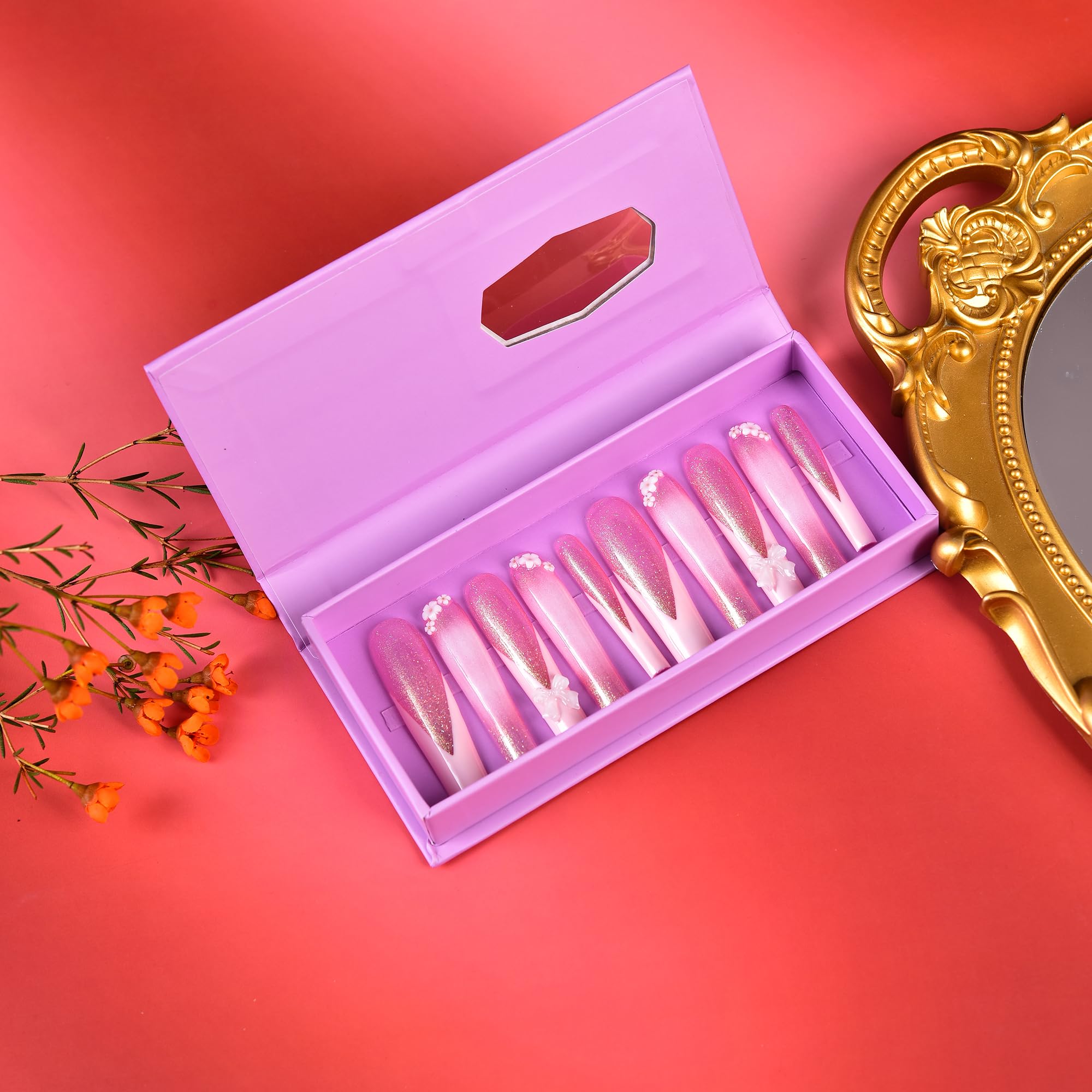 Tmani 10pc Extra Long Handmade Press-On Nails – Ballet Square with Diamond Glitter