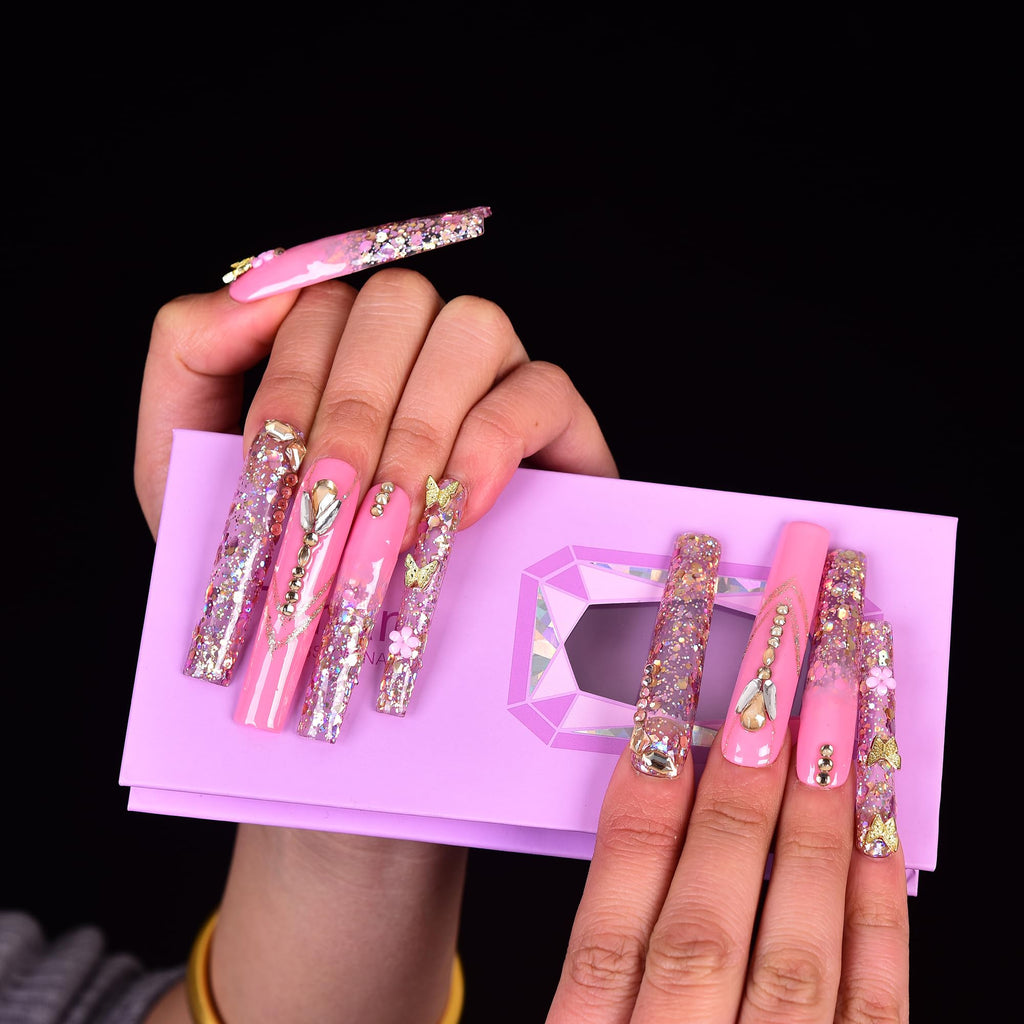 Tmani 10pc Extra Long Handmade Press On Nails – Diamond Glitter, Purple Case