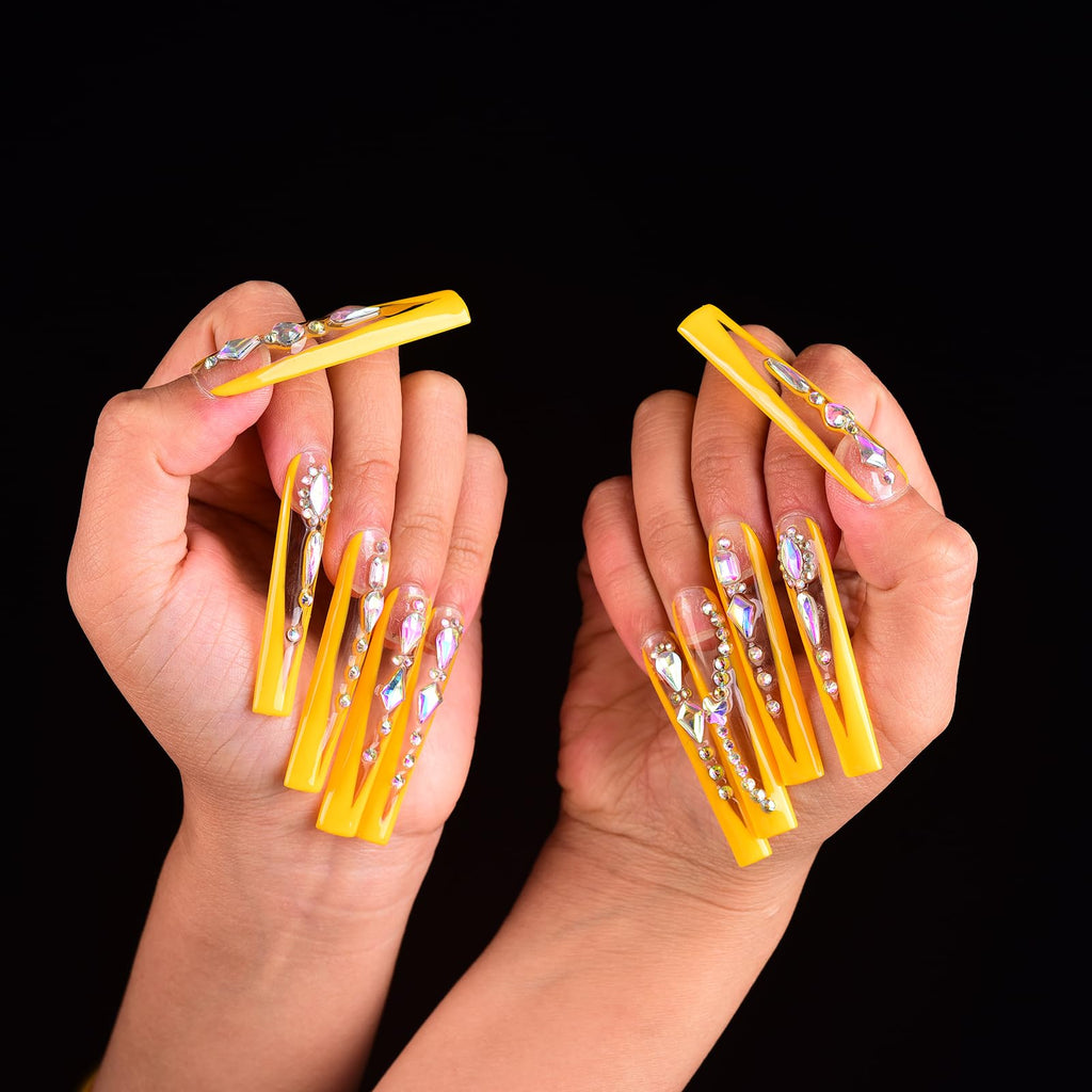Tmani 10pc Extra Long Handmade Press-On Nails – Diamond Glitter Square Tips