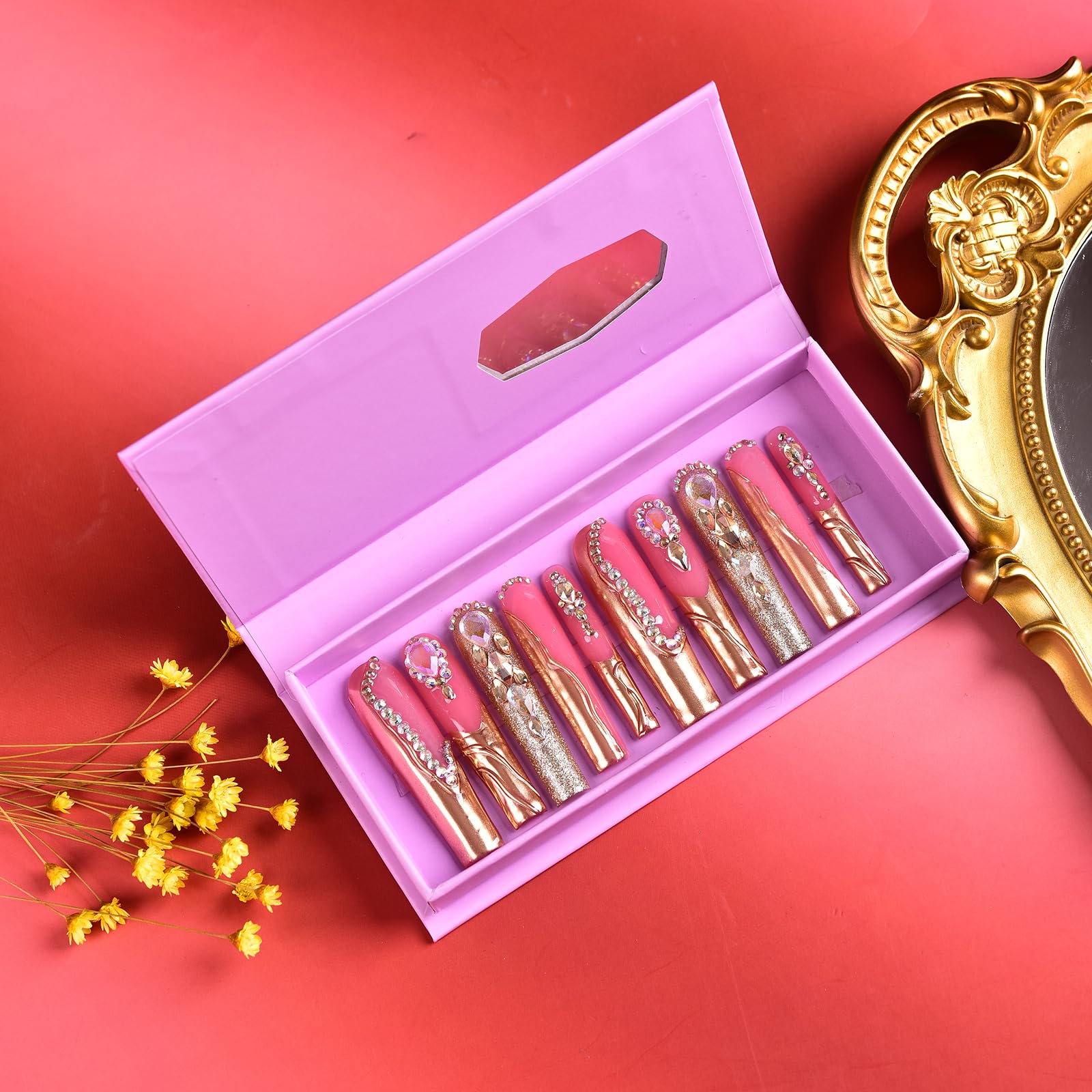 Tmani 10pc Extra Long Handmade Press-On Nails – Ballet Square Tips with Diamond Glitter