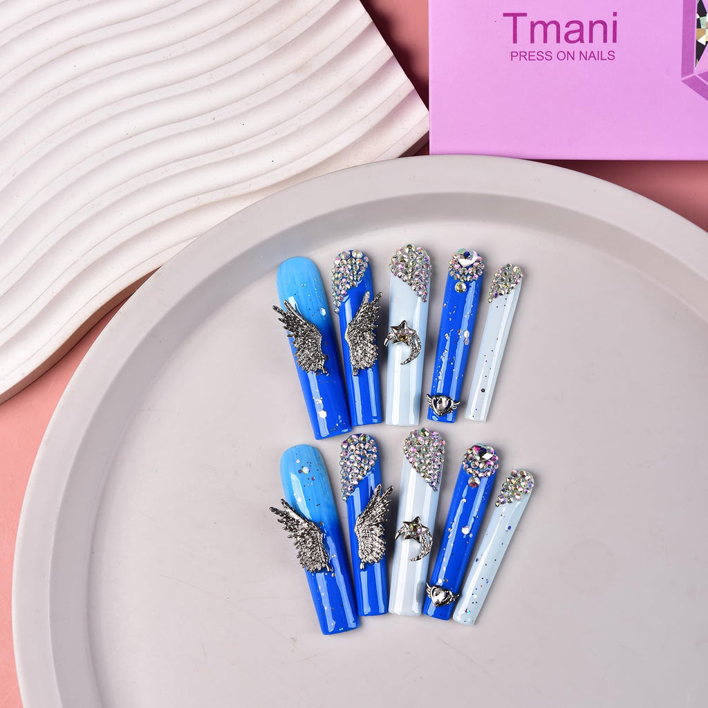 Tmani 10pc Extra Long Handmade Press-On Nails – Square Glitter Diamond Decor