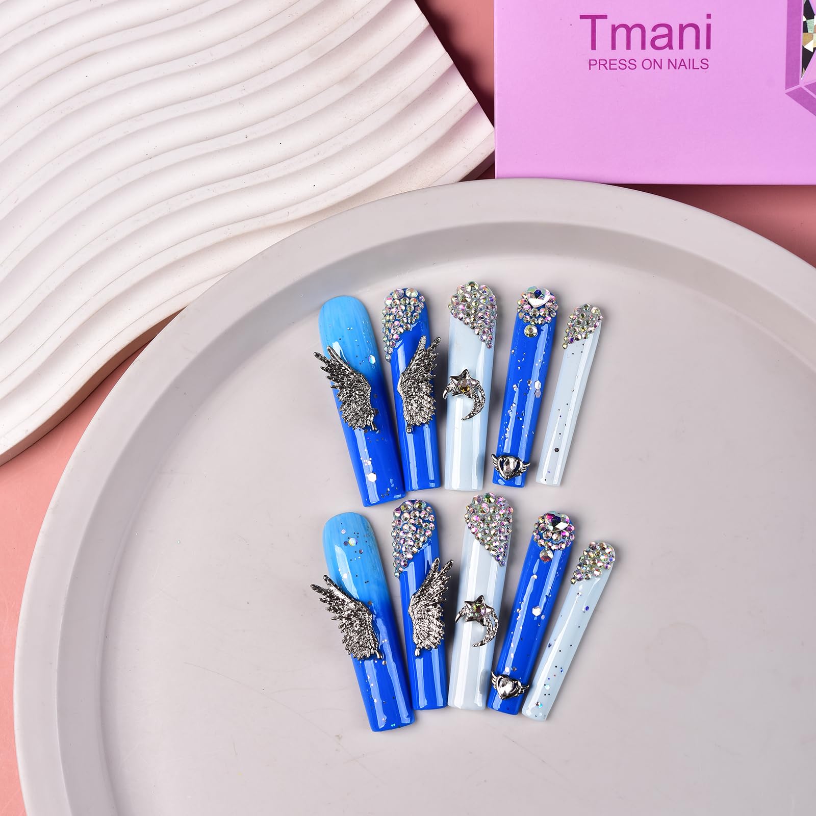 Tmani 10pc Extra Long Handmade Press-On Nails – Square Glitter Diamond Decor