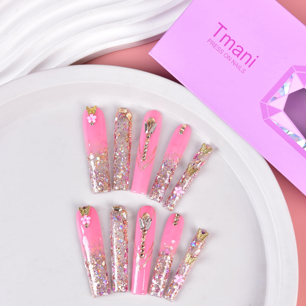 Tmani 10pc Extra Long Handmade Press On Nails – Diamond Glitter, Purple Case