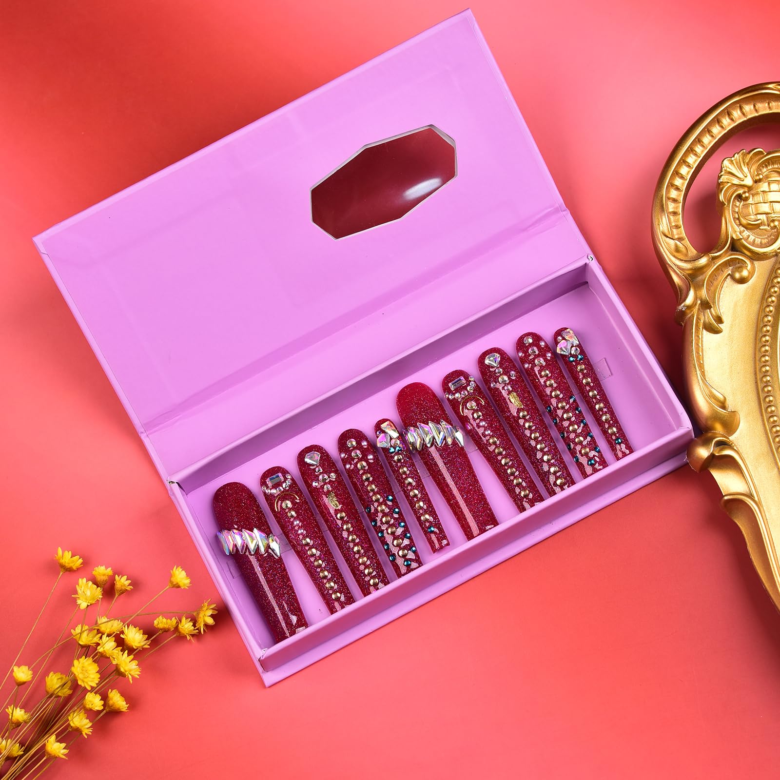 Tmani 10pc Extra Long Handmade Press-On Nails – Square Ballet Nails with Diamond Glitter