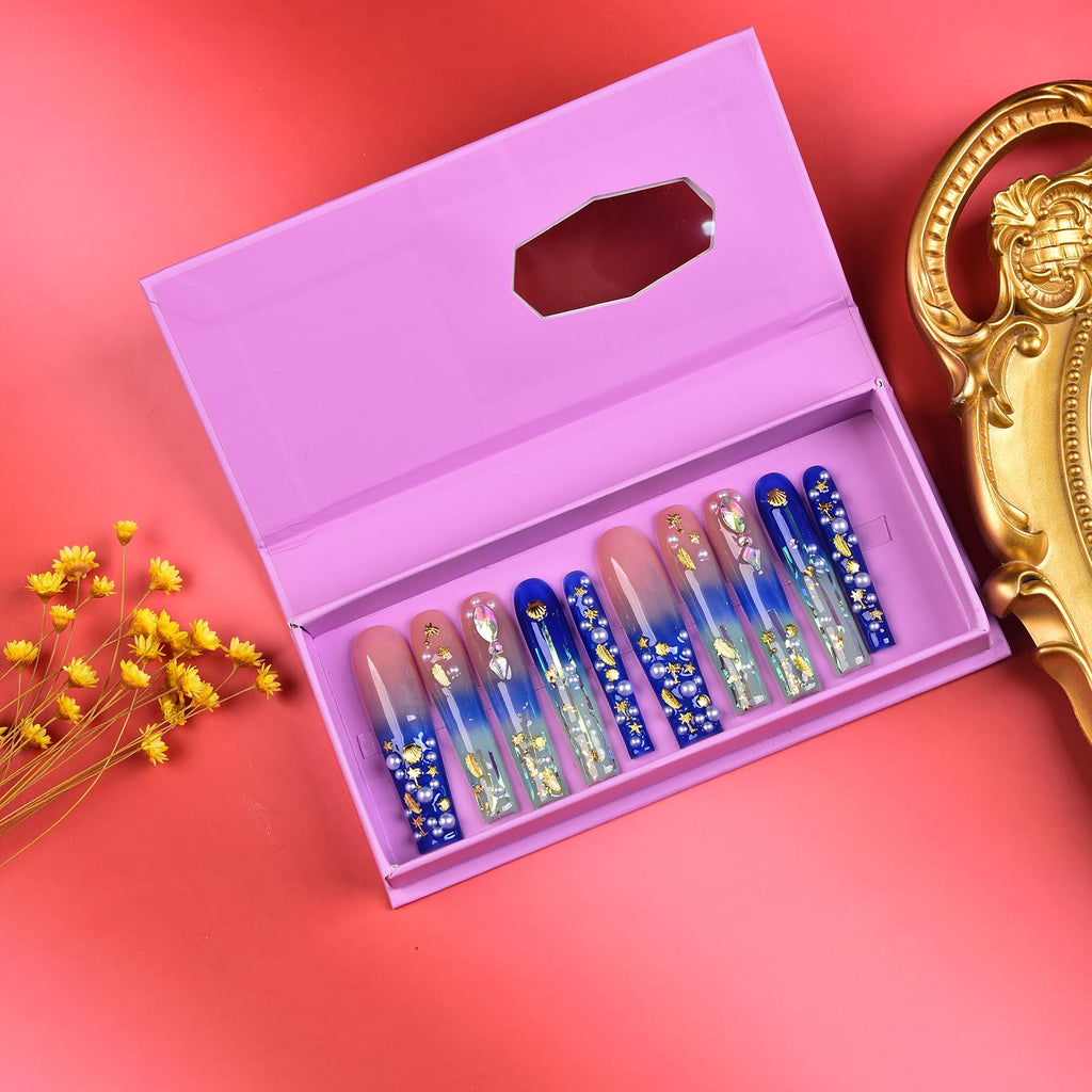Tmani 10pc Extra Long Handmade Press-On Nails — Square, Diamond Glitter, Purple Case